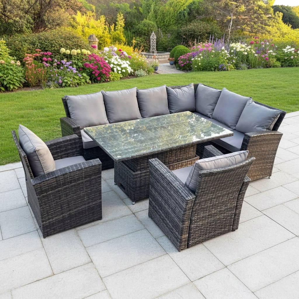 Fimous 8 Seater Rattan Garden Furniture Set With High Back Corner Sofa, Adjustable Rising Dining Table & 2 Chairs
