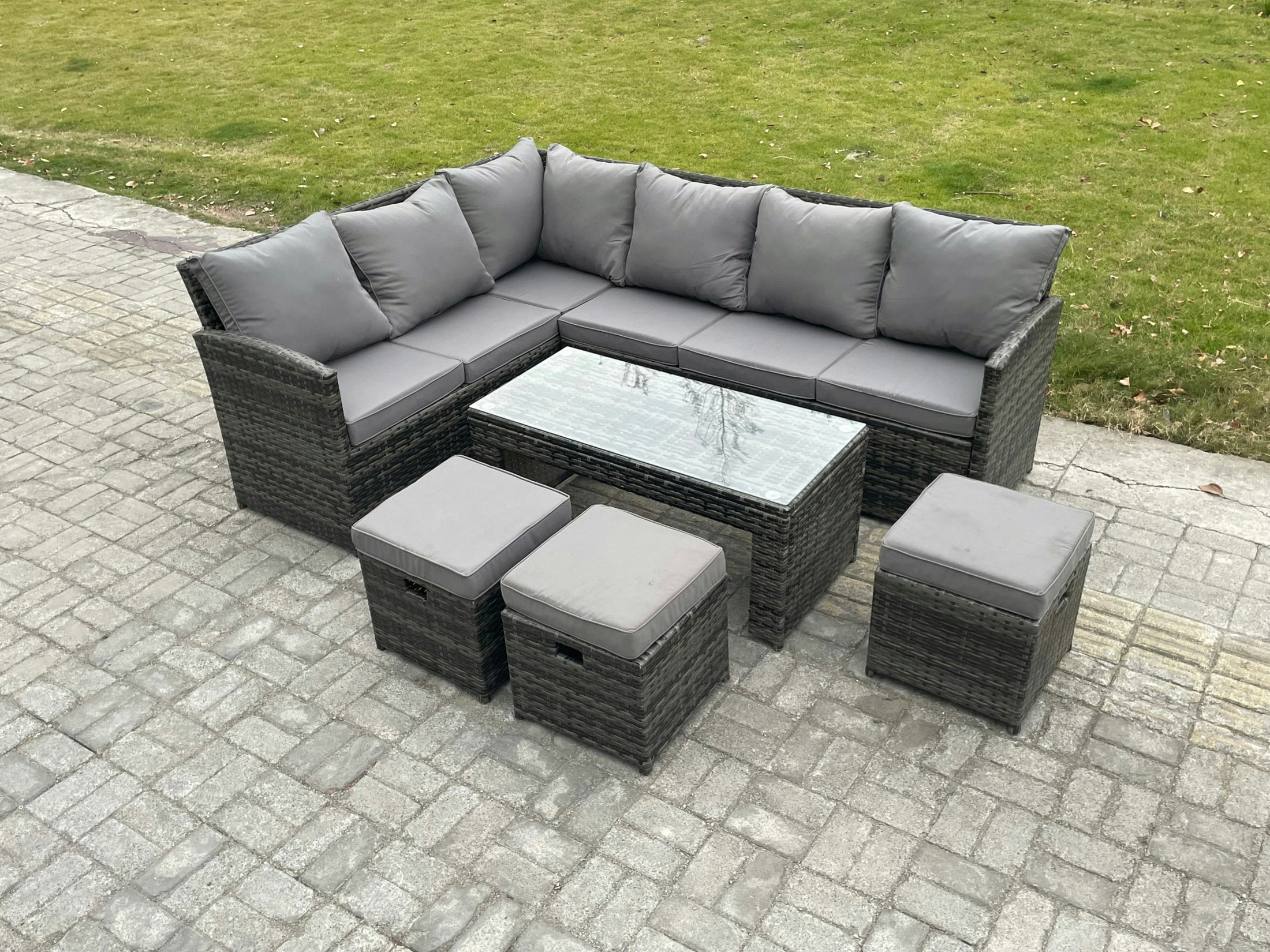 Fimous Dark/Grey 9 Seater Outdoor Rattan Garden Furniture Set Corner Sofa Oblong Coffee Table Sets With Patio 3 Small Footstools Mixed