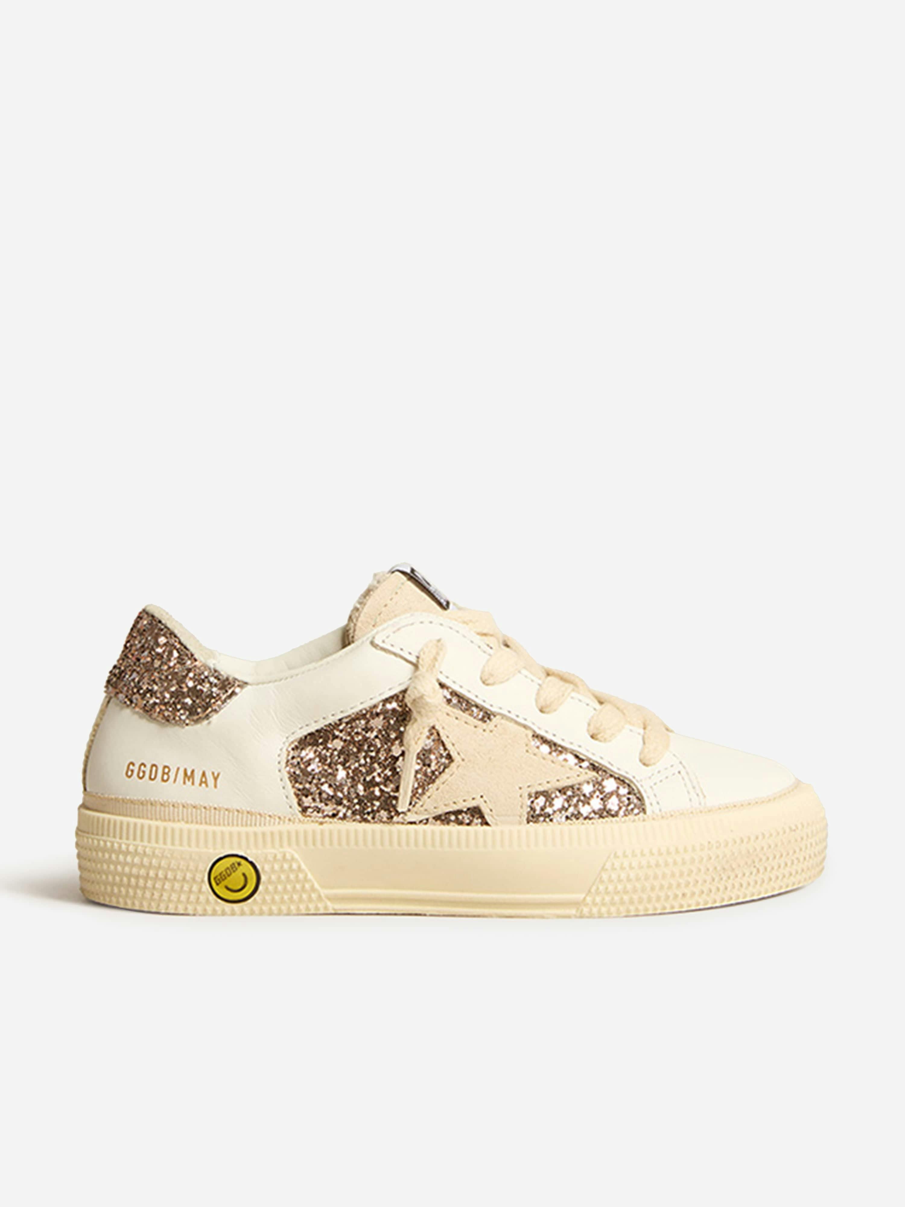 Golden Goose Kids Girls Golden/Cream Goose Kids Goose May Leather And Glitter Trainers In - Ivory - Eu 37 Uk 4
