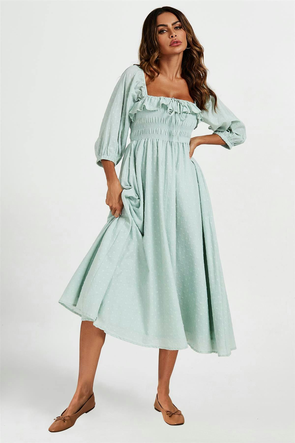 Fs Collection Light/Green Frill Detail Square Neckline Midi Dress In - M