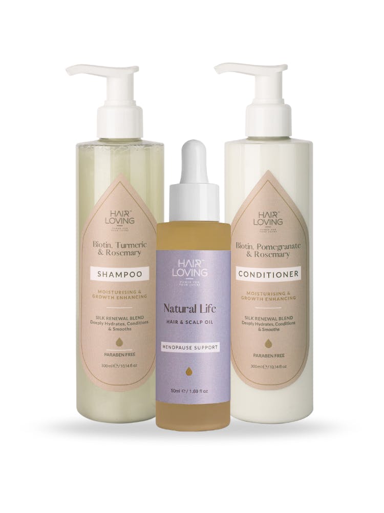 Hair Loving Shampoo & Conditioner + Natural Life Hair Oil Trio – With Biotin, Rosemary & Pomegranate To Nourish, Strengthen & Revive Menopause Hair