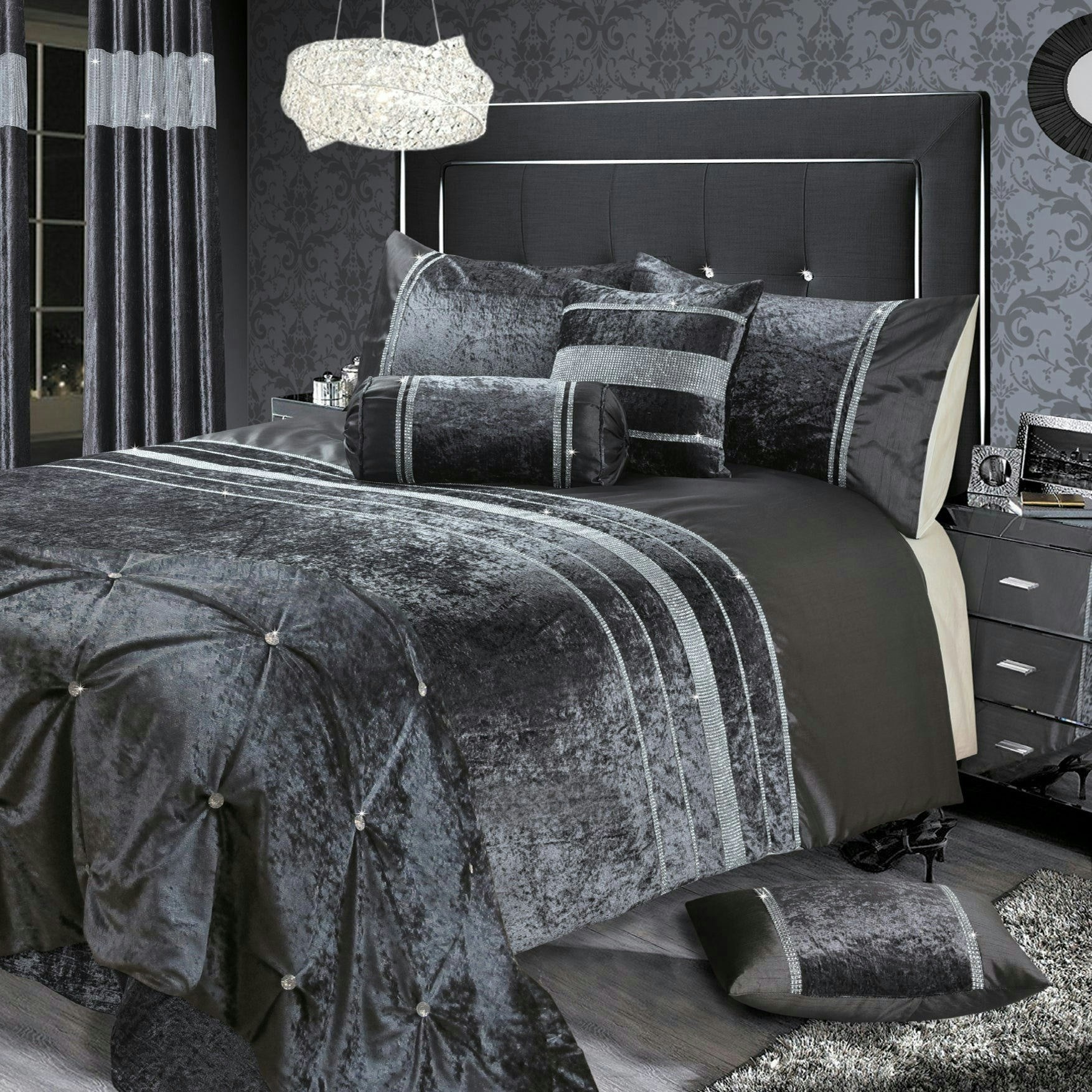 Rackhams Rienzo Crushed Velvet Diamante Duvet Cover & Pillowcase Set - Charcoal - Single
