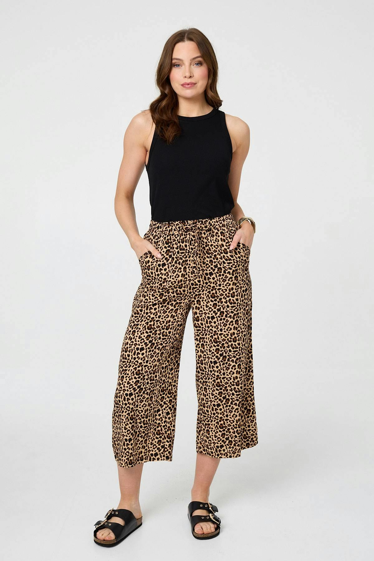 Izabel London Beige Animal Print High Waist Wide Trousers - 18