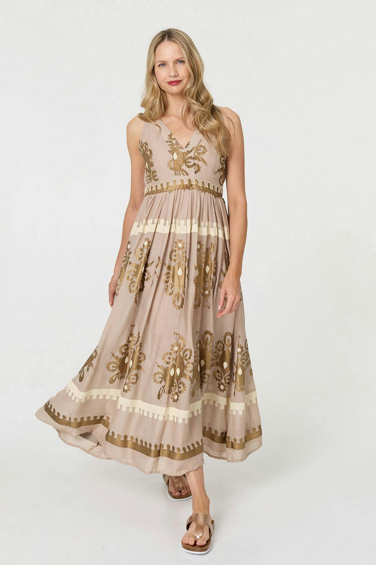 Izabel London Brown Printed Ruched Sleeveless Maxi Dress - 14