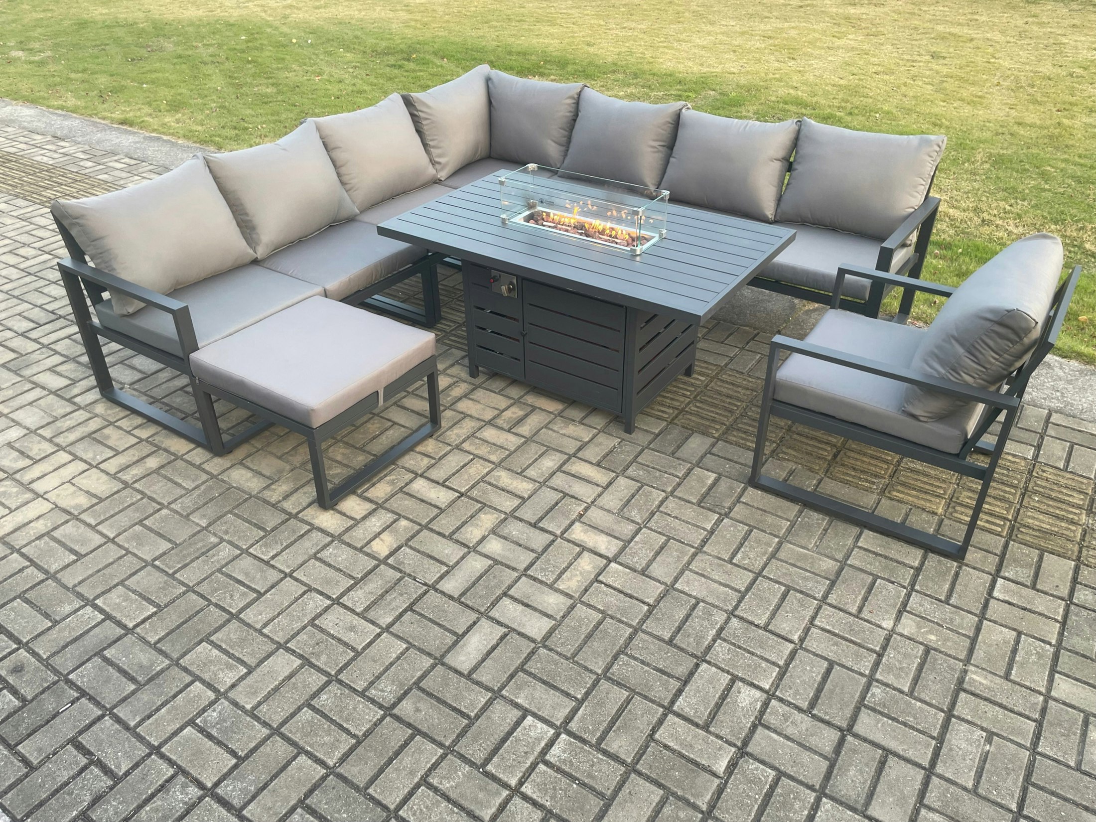 Rackhams Dark/Grey Aluminium 9 Seater Garden Furniture Outdoor Set Patio Lounge Sofa Gas Fire Pit Dining Table Set With Chair Big Footstools