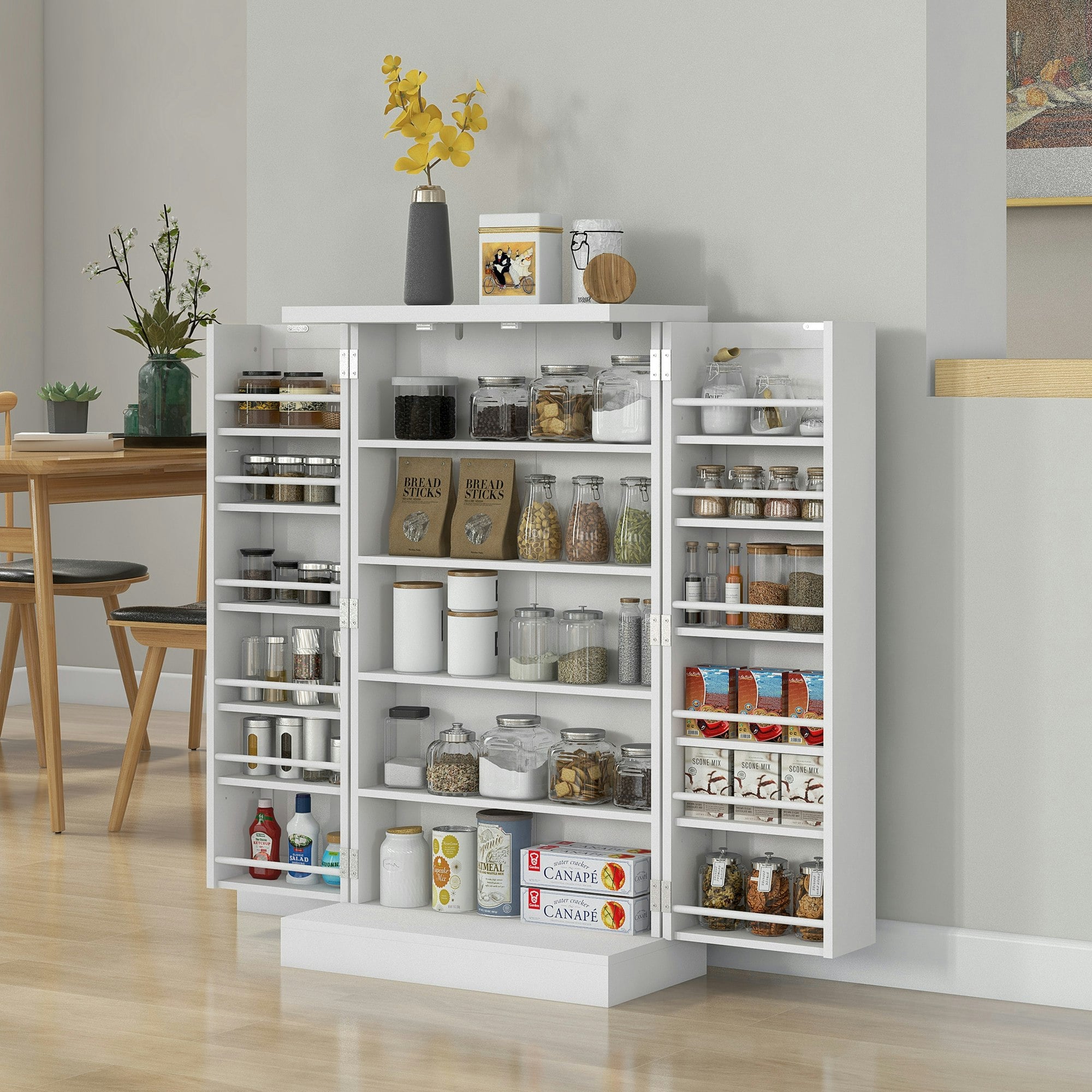 Homcom White Kitchen Cupboard With Double Doors, 5-Tier Shelf, 12 Spice Racks,