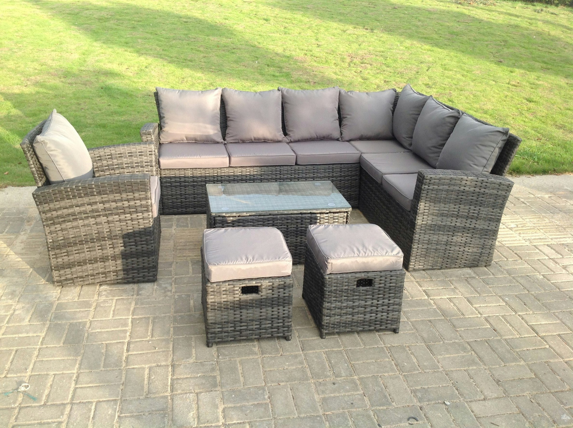 Fimous Dark/Grey 9 Seater High Back Rattan Garden Furniture Set Corner Sofa With Oblong Coffee Table Stools With Chair