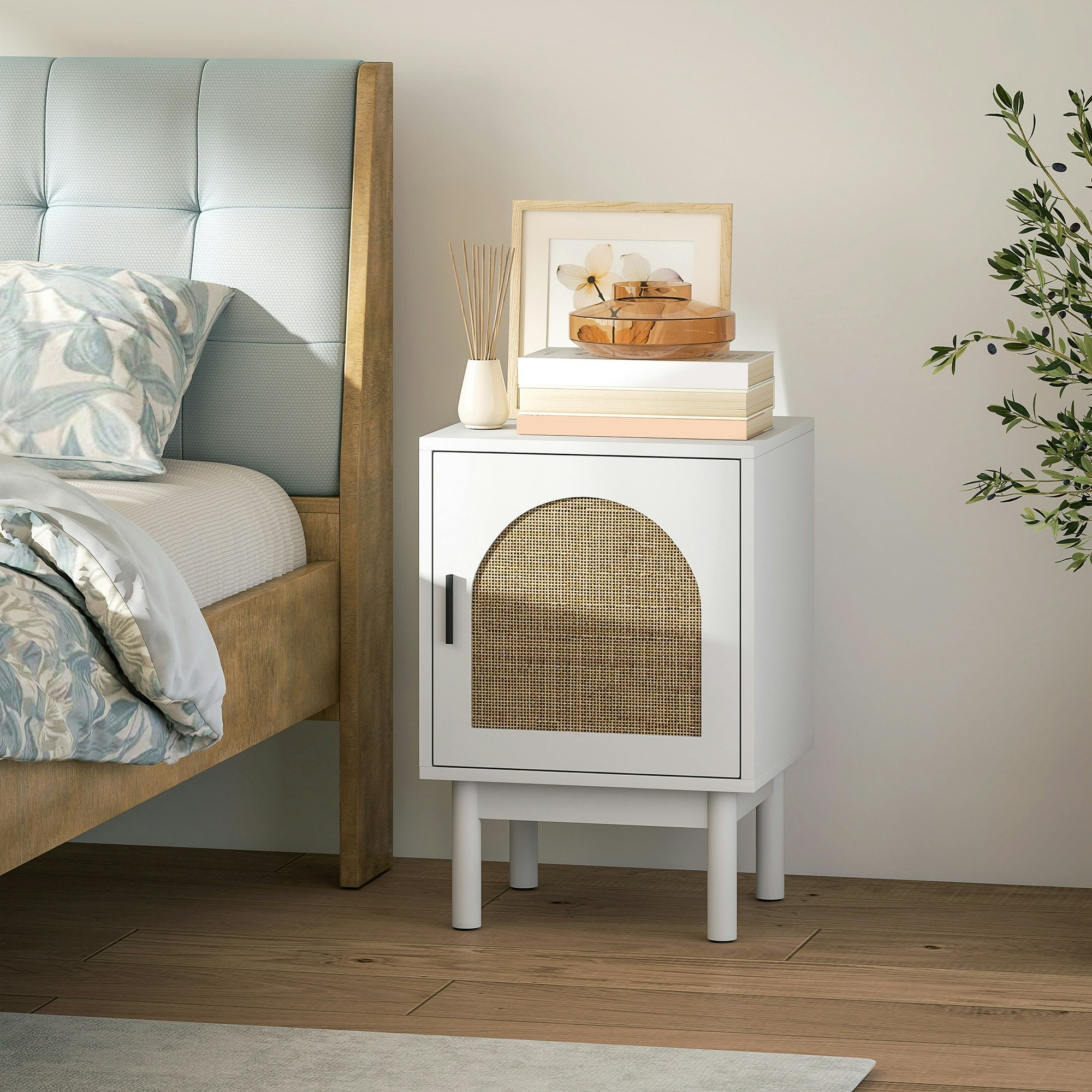 Homcom Boho Bedside Table With Rattan Door And Adjustable Shelf, White - Image 3