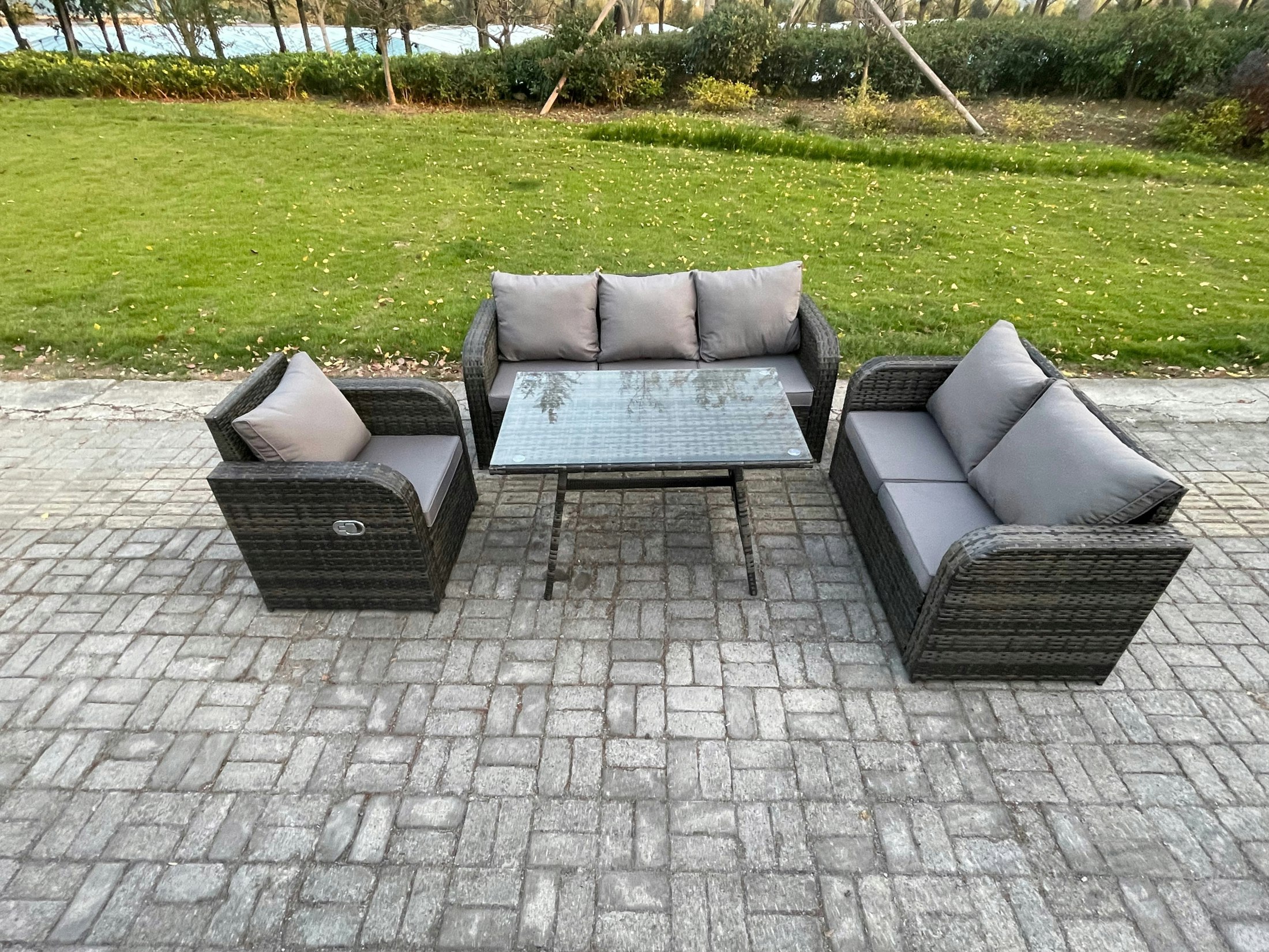 Fimous Dark/Grey Outdoor Rattan Garden Furniture Set 7 Seater Patio Lounge Sofa Set With Dining Table Mixed