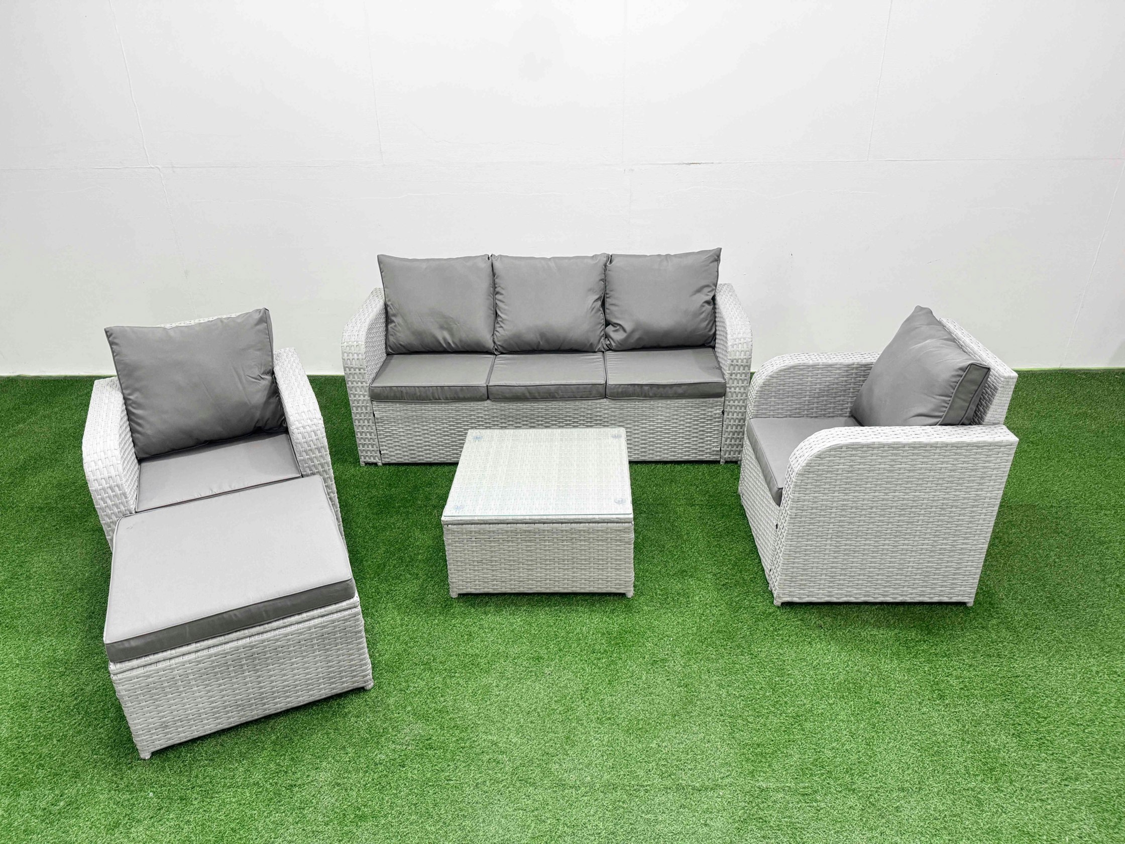 Fimous Light/Grey Pe Rattan Garden Furniture Set Reclining Chair Sofa Lounge Sofa Set Square Coffee Table Big Footstool