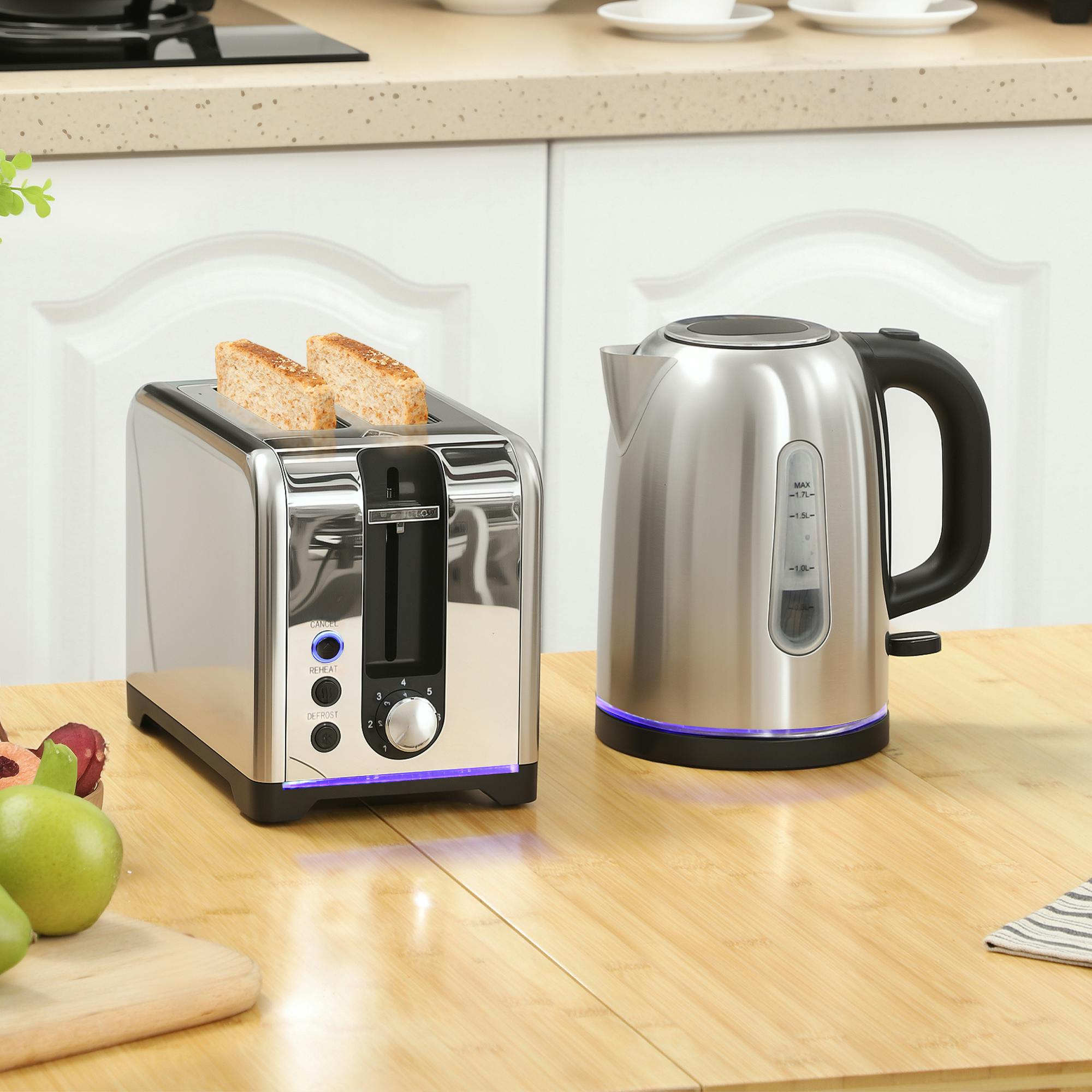 Homcom Black/Silver 1.7L 3000W Rapid Boil Jug Kettle And 2-Slice Toaster Set, - Kettle 23X16x22.4cm, Toaster 26.4X15.6x18.9cm - Kettle And Toaster Set - Tone