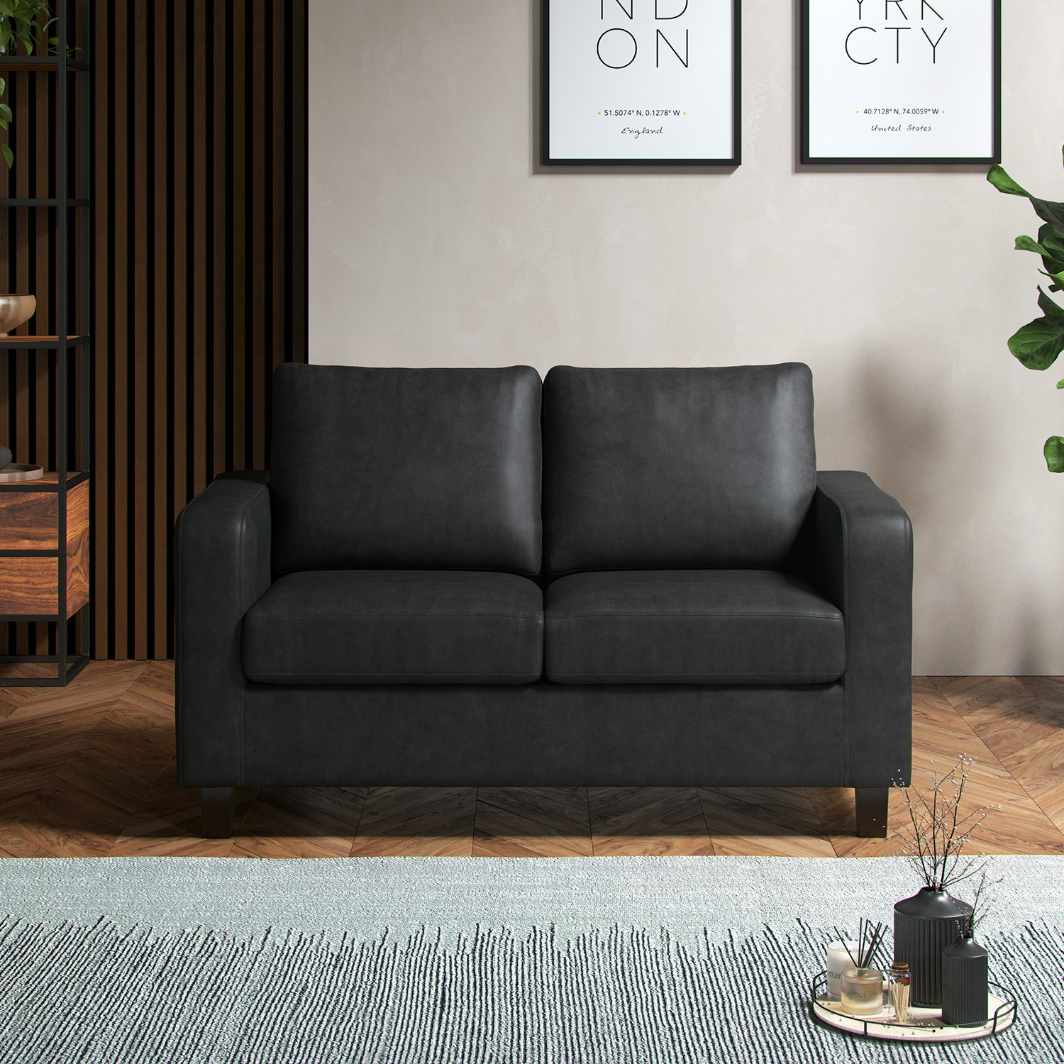 Furnishings For Less Black York Faux Leather 2-Seater Sofa