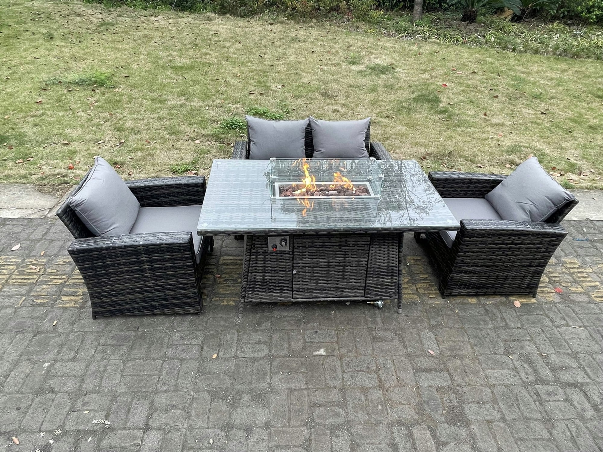 Fimous Dark/Grey Rattan Outdoor Furniture Gas Fire Pit Rectangle Dining Table Gas Heater Chairs Two Seater Love Sofa Sets 4 Seater