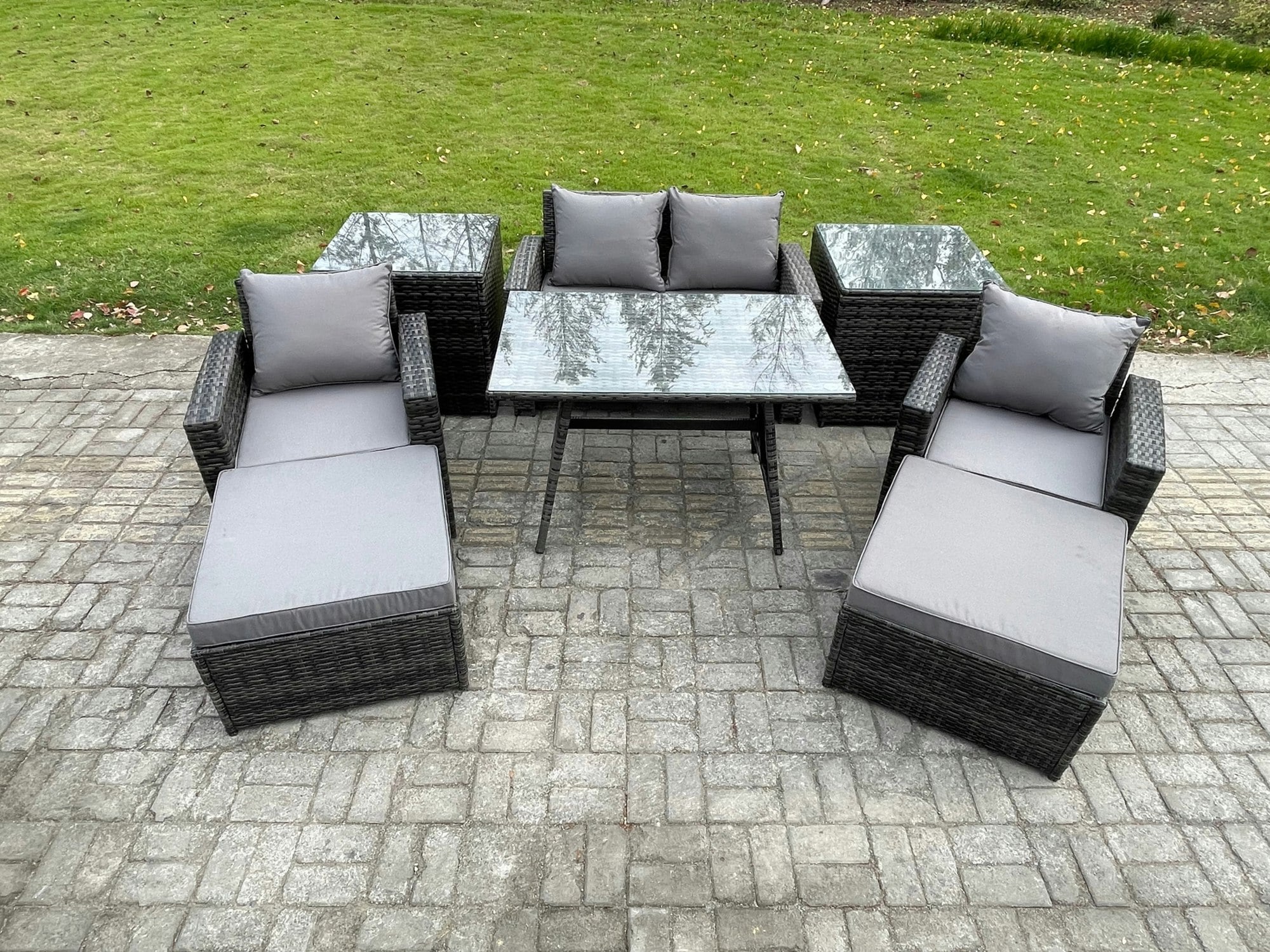 Rackhams Dark/Grey 6-Seater Rattan Outdoor Sofa Set | Rectangular Dining Table, Armchair, 2-Seater Sofa, 2 Large Footstools, 2 Side Tables