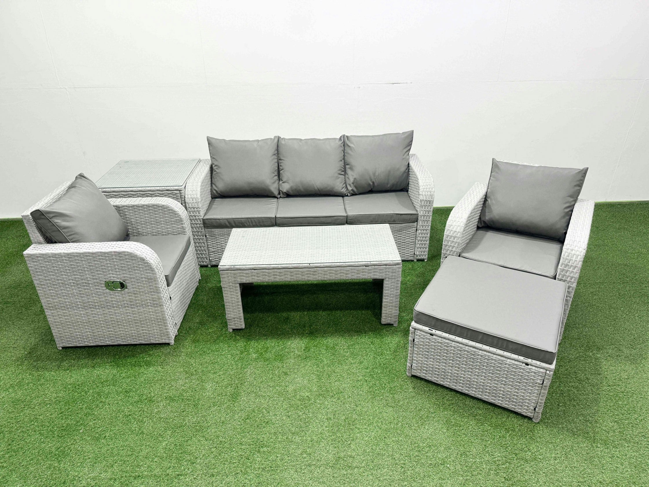 Fimous Light/Grey Pe Rattan Garden Furniture Set Reclining Chair Sofa Lounge Sofa Set Rectangular Coffee Table Side Table Big Footstool
