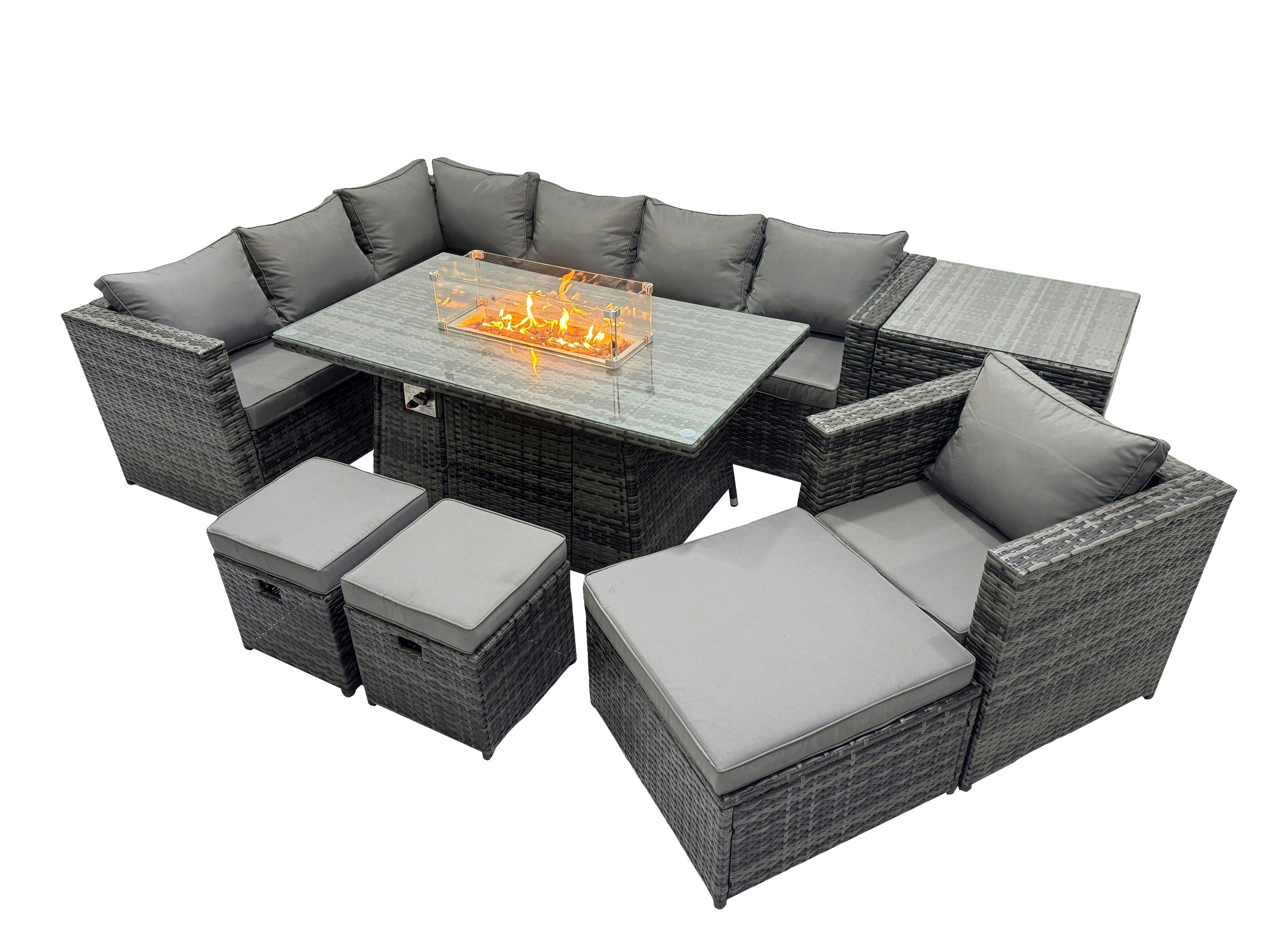 Rackhams Dark/Grey Rattan Garden Furniture Dining Set 10 Seater Gas Fire Pit Dining Table Corner Sofa Set With Side Table 3 Stool Mixed