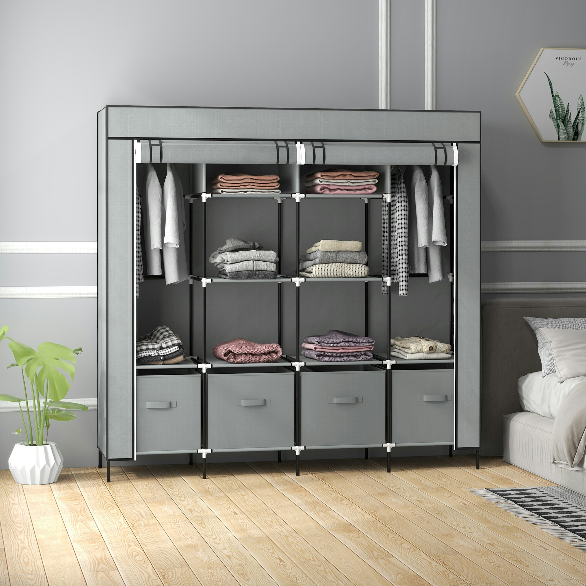 Rackhams Dark/Grey Fabric Wardrobe W/ 12 Shelves 2 Hanging Rails Foldable Closets - 166W X 42.5D X 169.5H Cm - Powder Coated