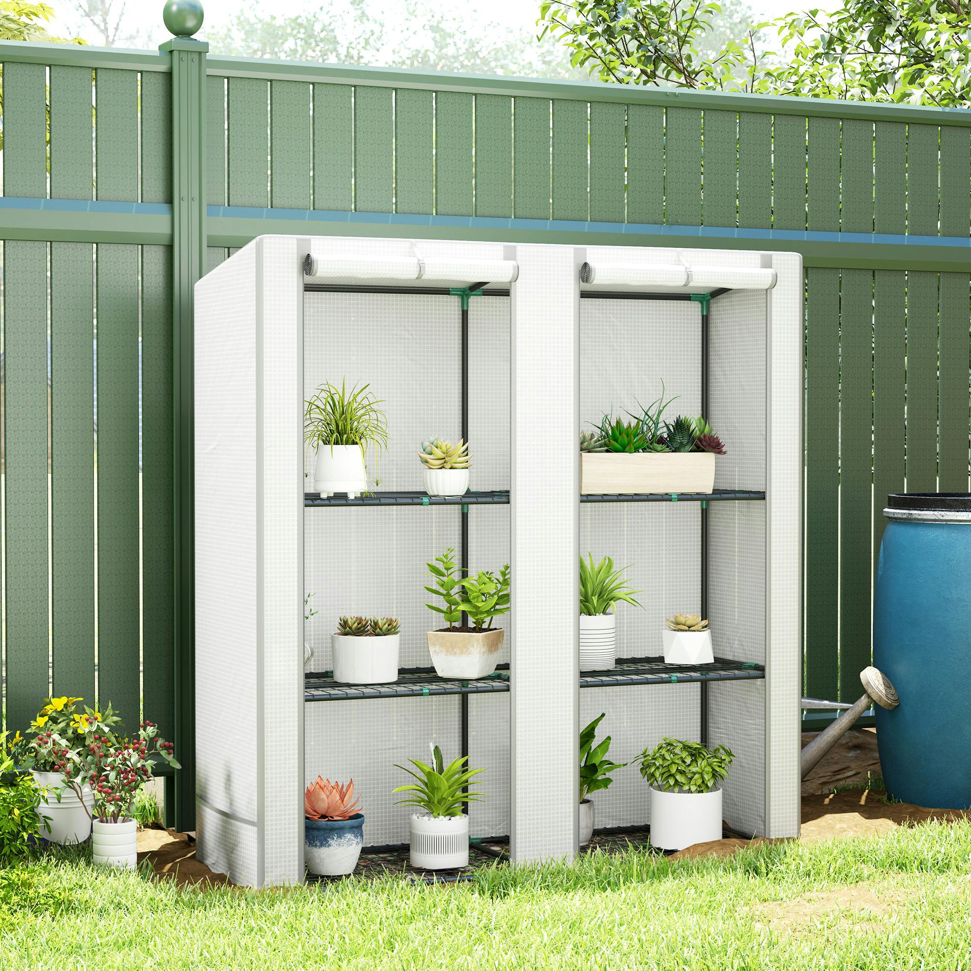 Outsunny Green/White/Grey 3 Tier Lean-To Mini House With Hemmed Edging, - And