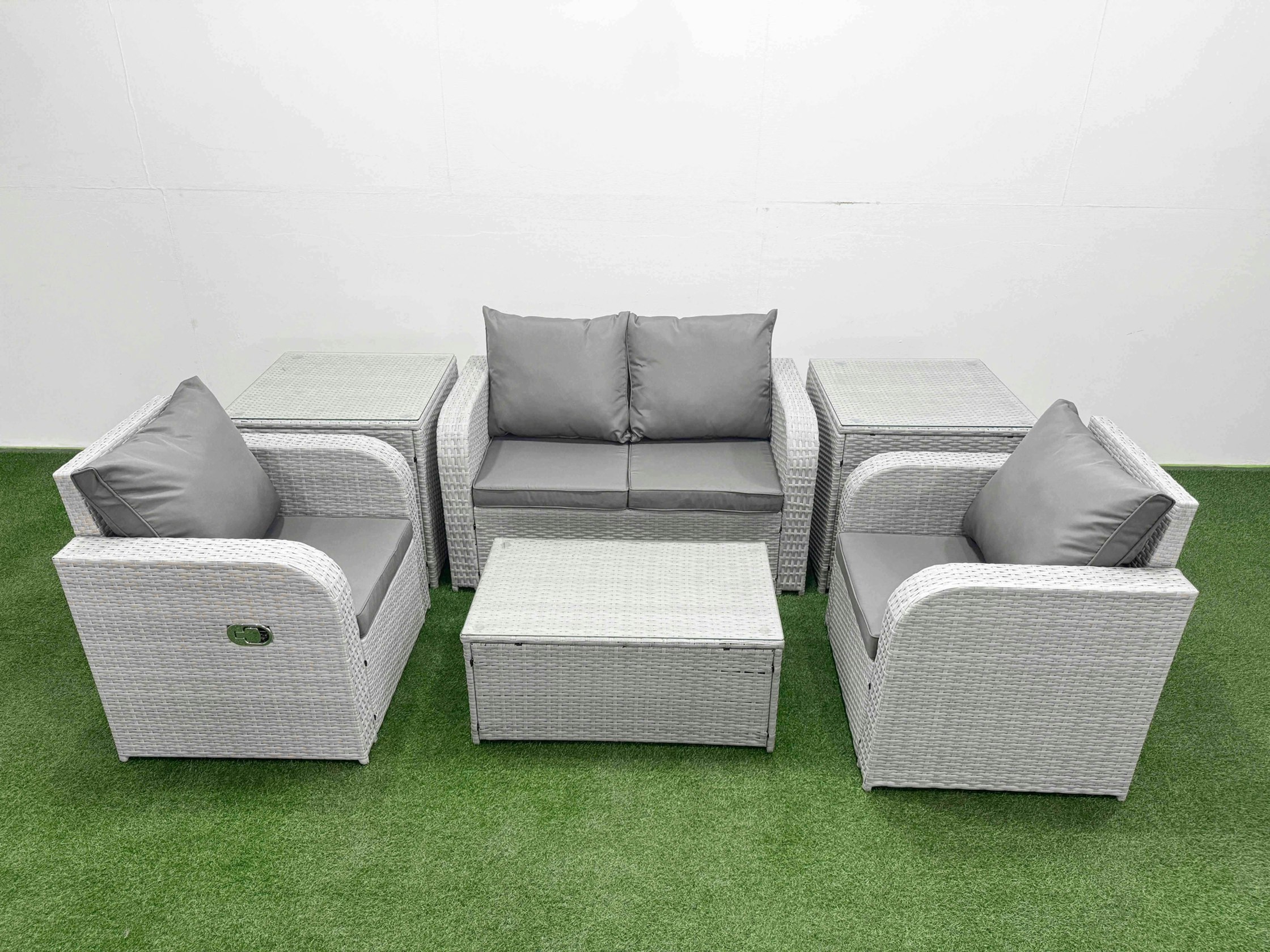 Fimous Light/Grey Pe Wicker Rattan Garden Furniture Set Sofa Set Reclining Adjustable Chair Rectangular Coffee Table 4 Seater With 2 Side Table
