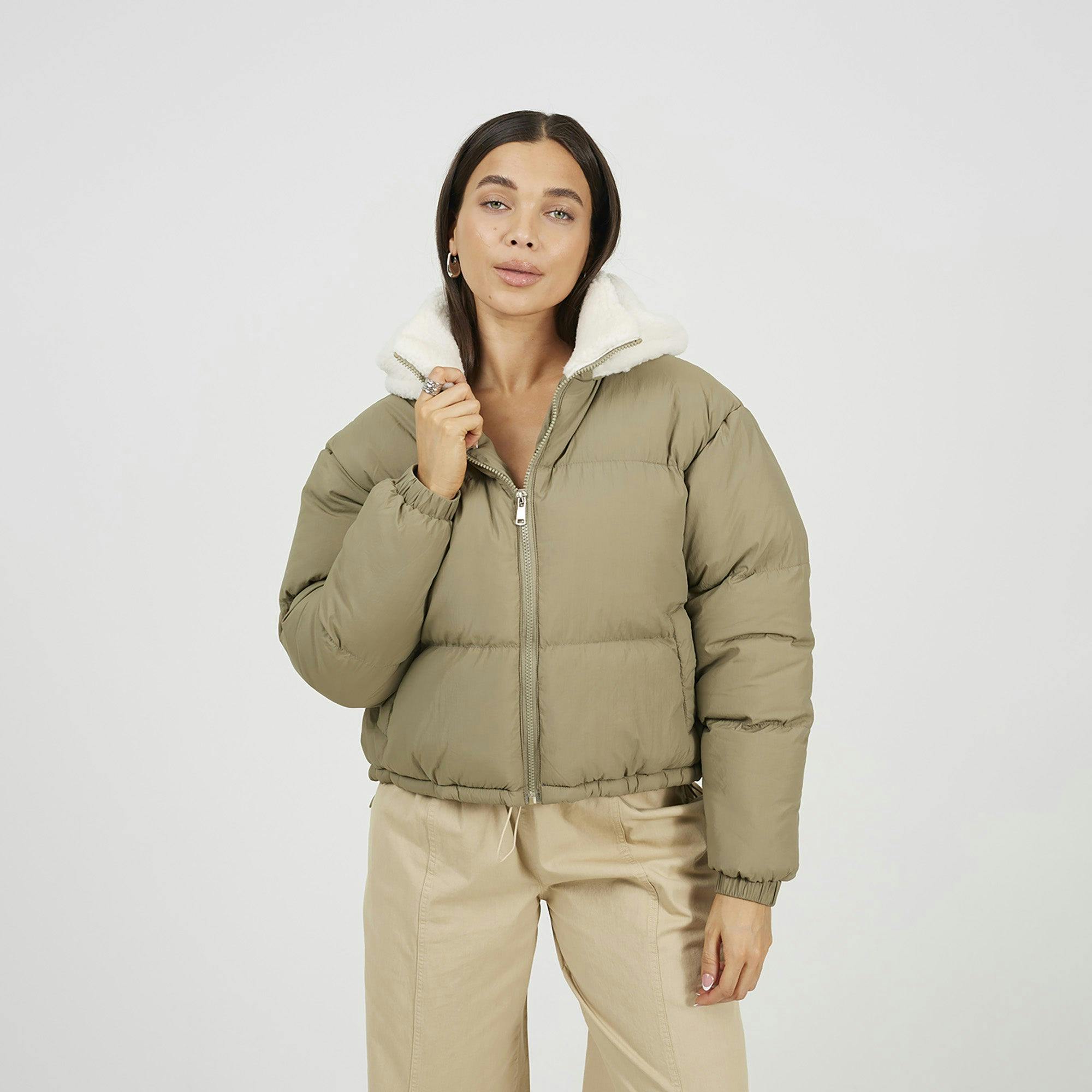 Brave Soul Green Crinkle Oversized Short Puffer Jacket - Pale - Pale - 16