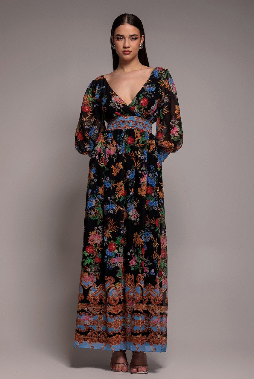 Goddiva Black Chiffon Wrap Border Floral Print Maxi Dress - By - 8