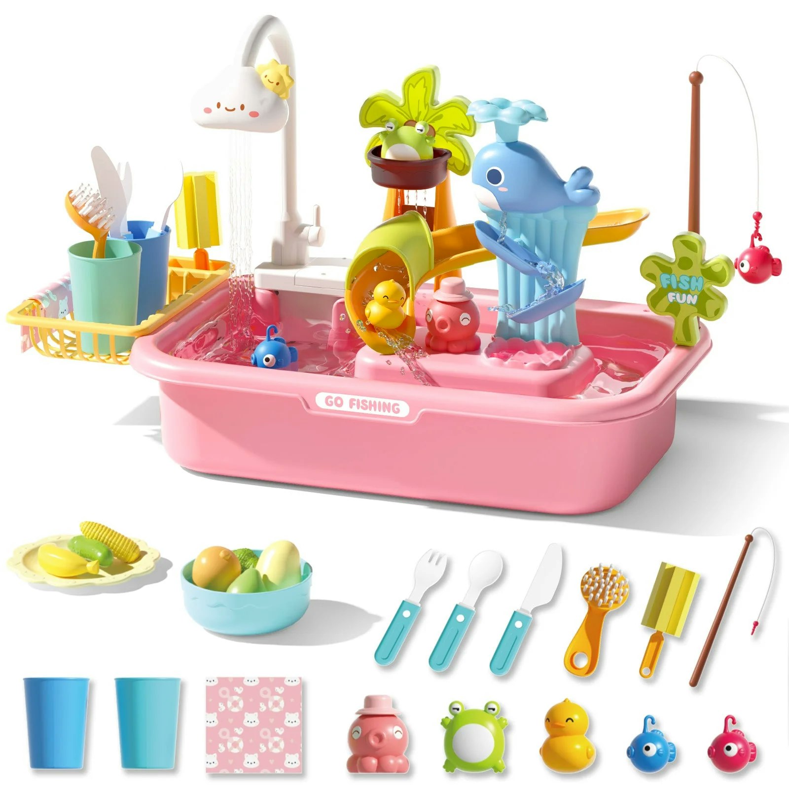 Deao Toys Pink Pretend Play Kitchen Sink With Real Running Water -4-In-1 Water Play Sink