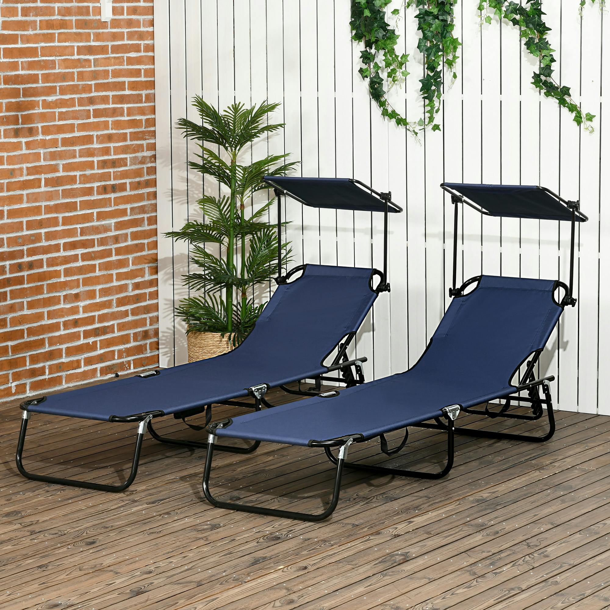 Rackhams Black/Dark/Blue 2 Piece Folding Sun Loungers With Adjustable Backrest, Sunshade,