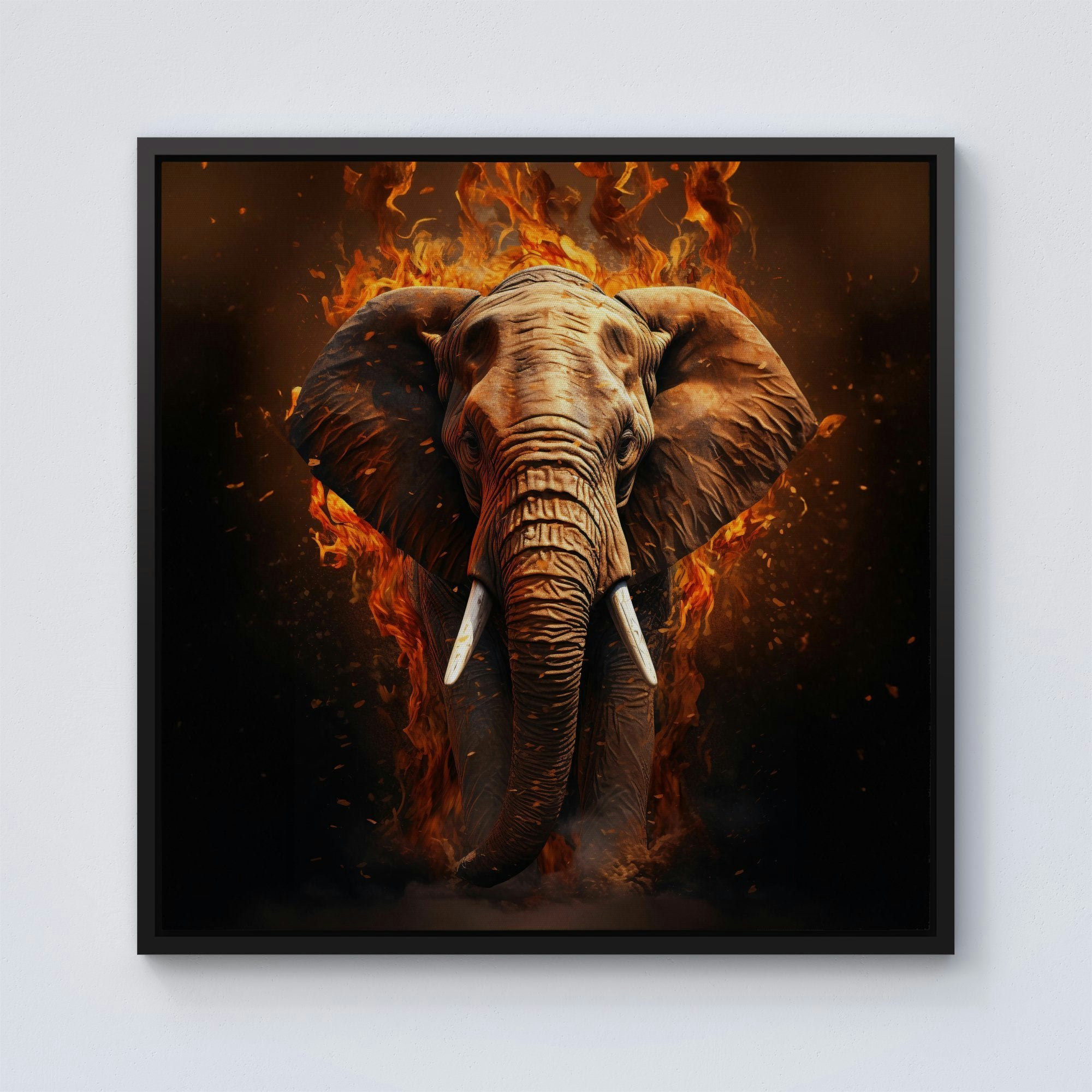 Rackhams Black Splash Art Elephant And Fire Framed Canvas - 10" X 10"