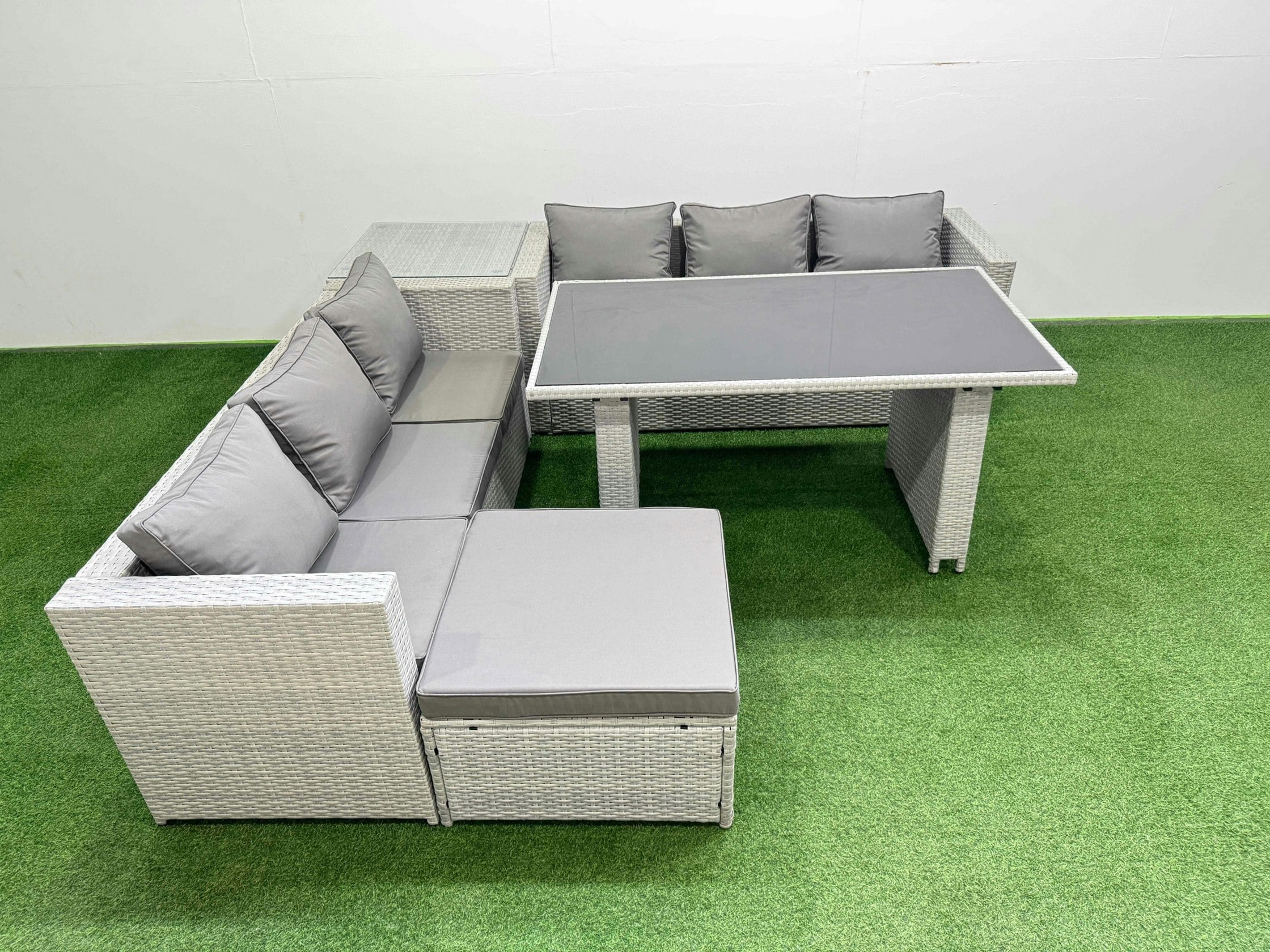 Fimous Light/Grey Rattan Garden Furniture Dining Set 7 Seater Patio Rectangular Table Sofa Set With Side Table Big Stool
