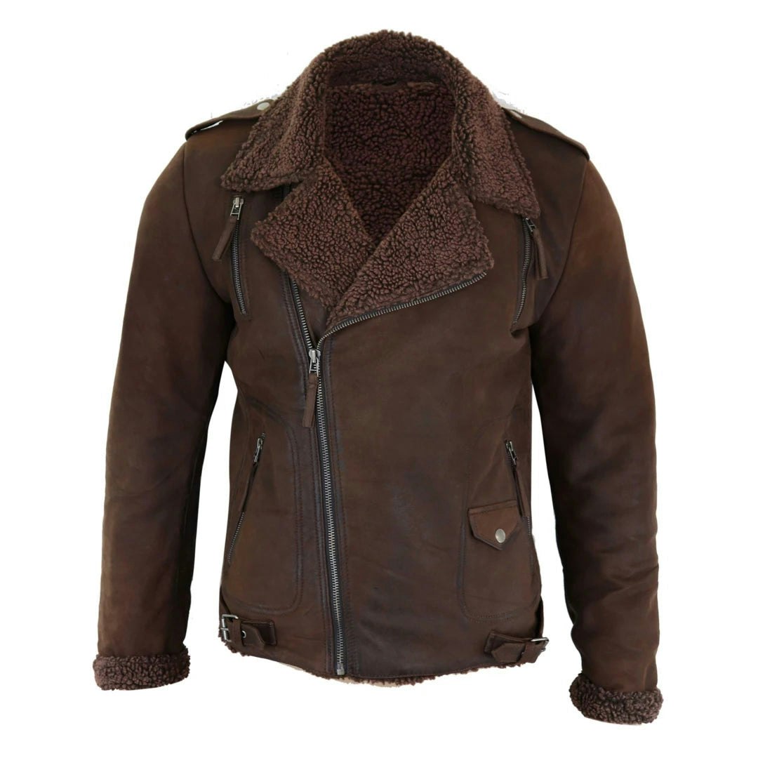 Aviatrix Men's Black/Brown Cross Zip Leather Biker Jacket Fleece Lined Fitted - 5XL