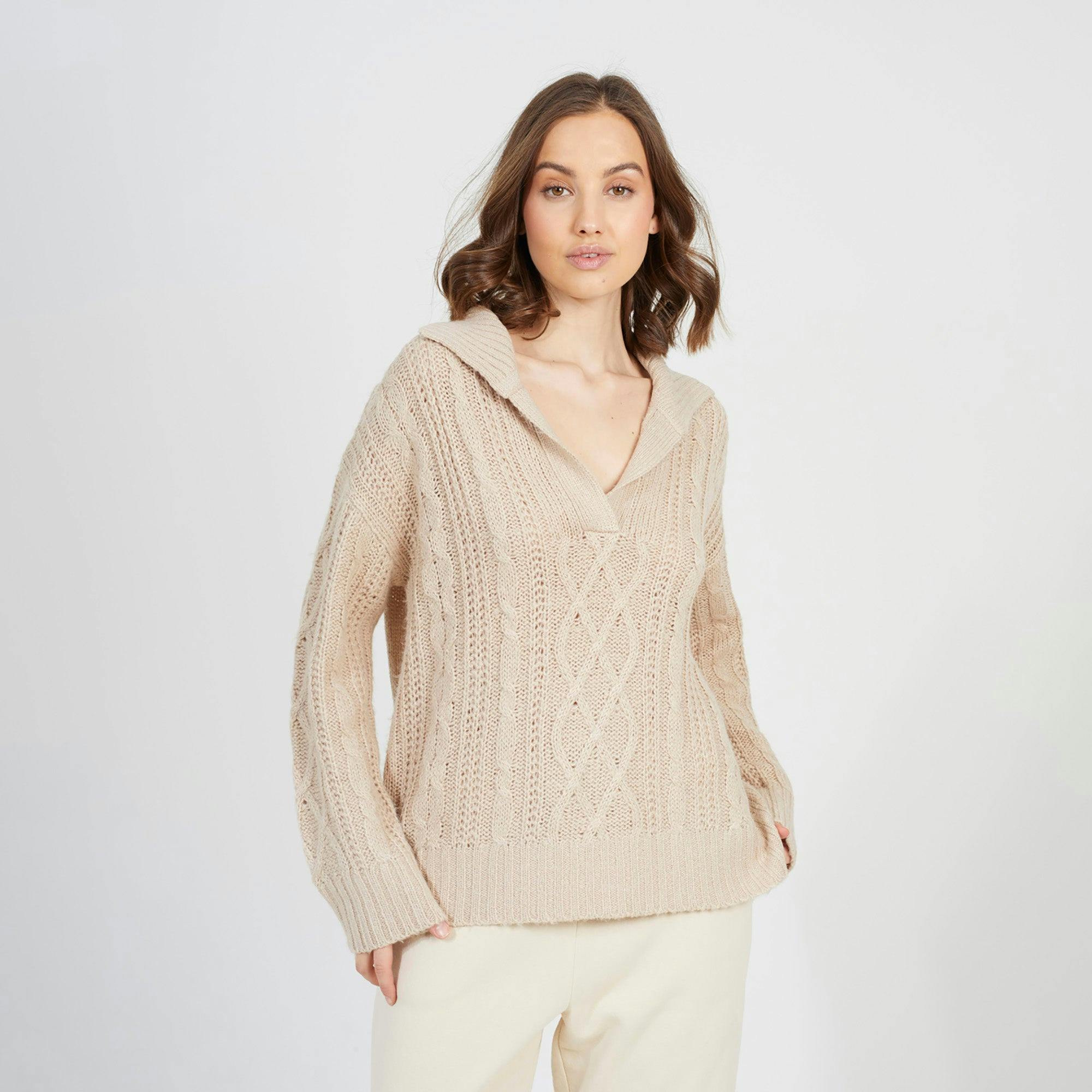 Brave Soul V-Neck Cable Knit Jumper - Stone - Stone - L