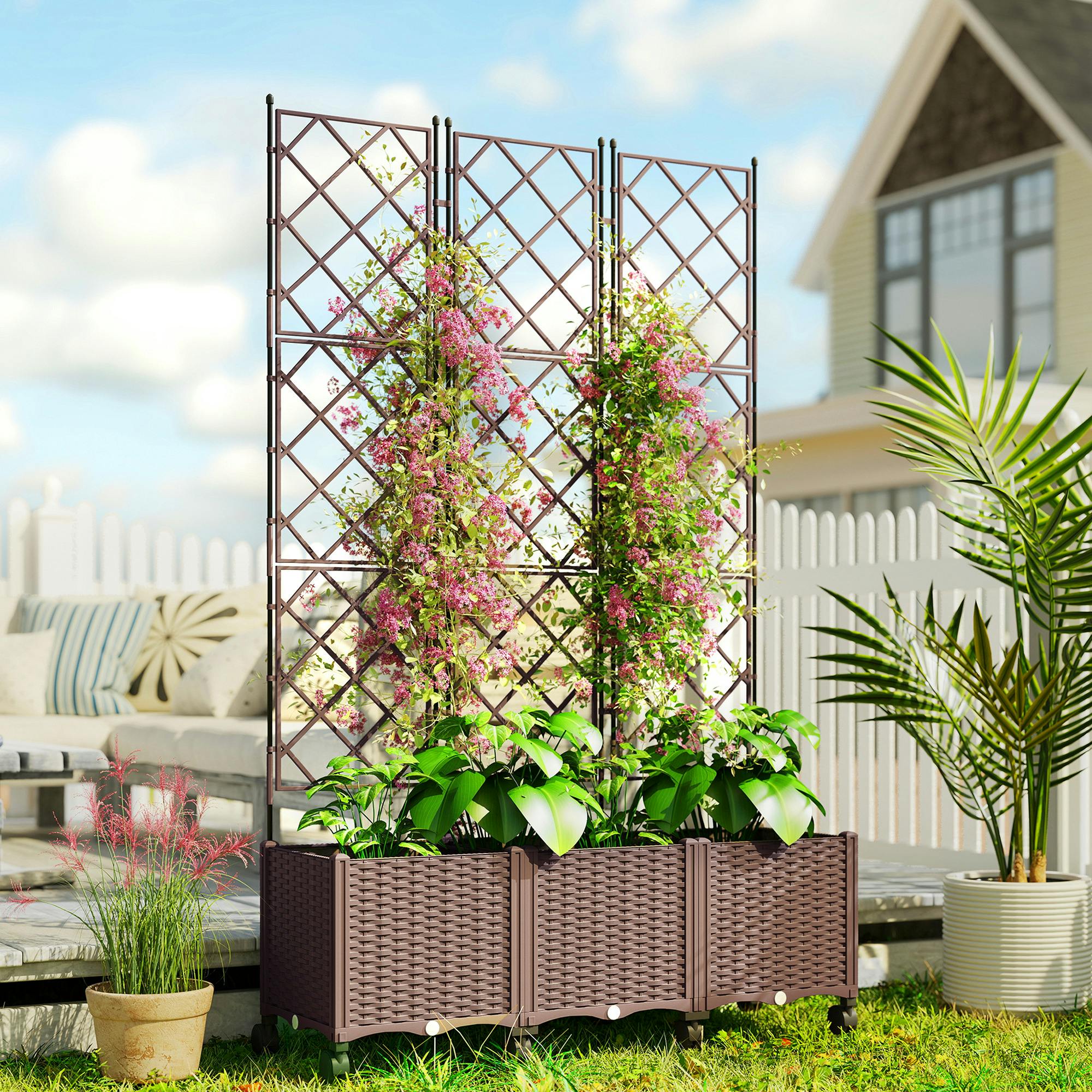 Outsunny Light Plastic Raised Planter With Trellis And Self Watering Design