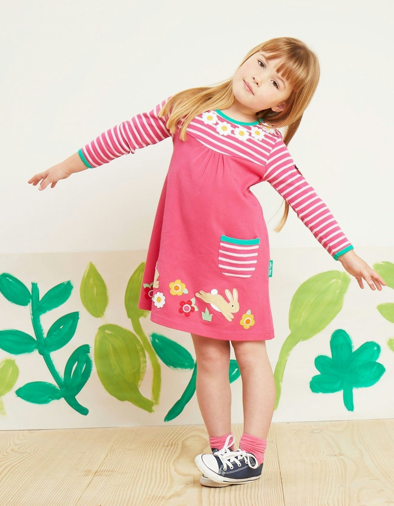 Toby Tiger Pink Organic Leaping Bunny Applique T-Shirt Dress - 12-18M / 86Cm