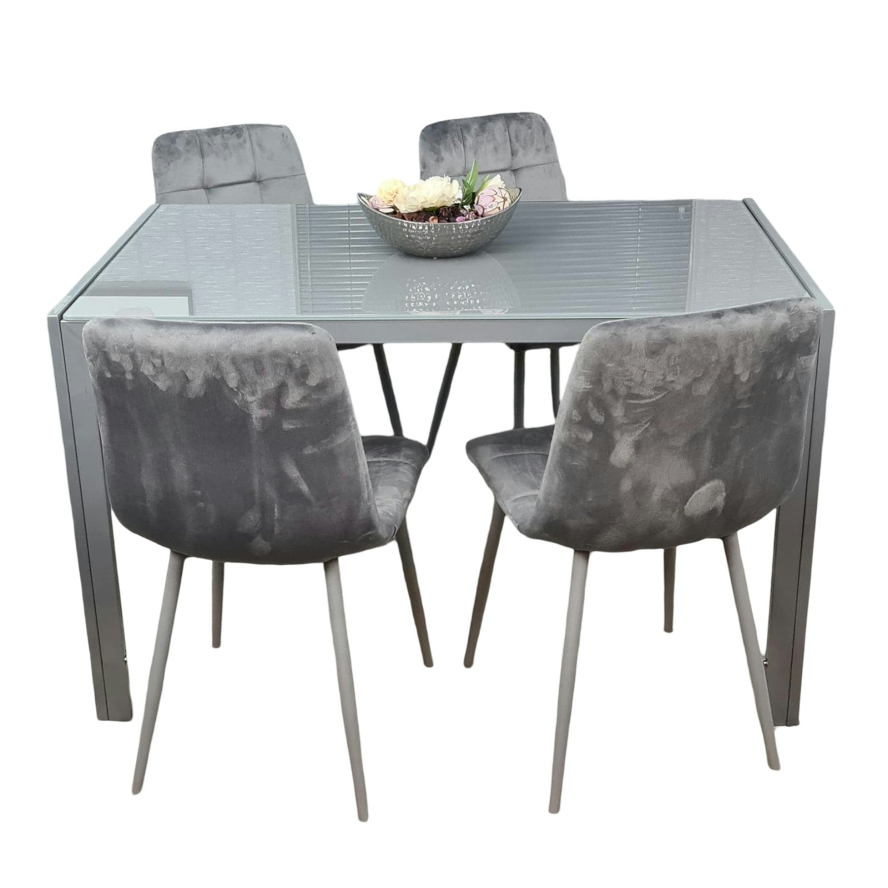 Portland Kosy Koala 4 Seater Glass And Tufted Velvet Dining Set Grey - Image 6