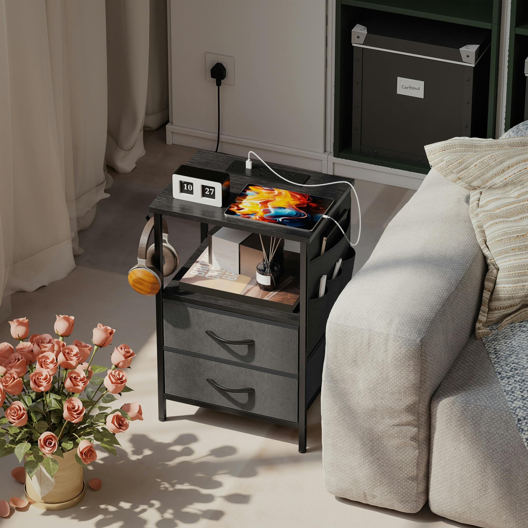 Rackhams Black Slim Side Table With Charging Station, Bedside Table - Bedside Table