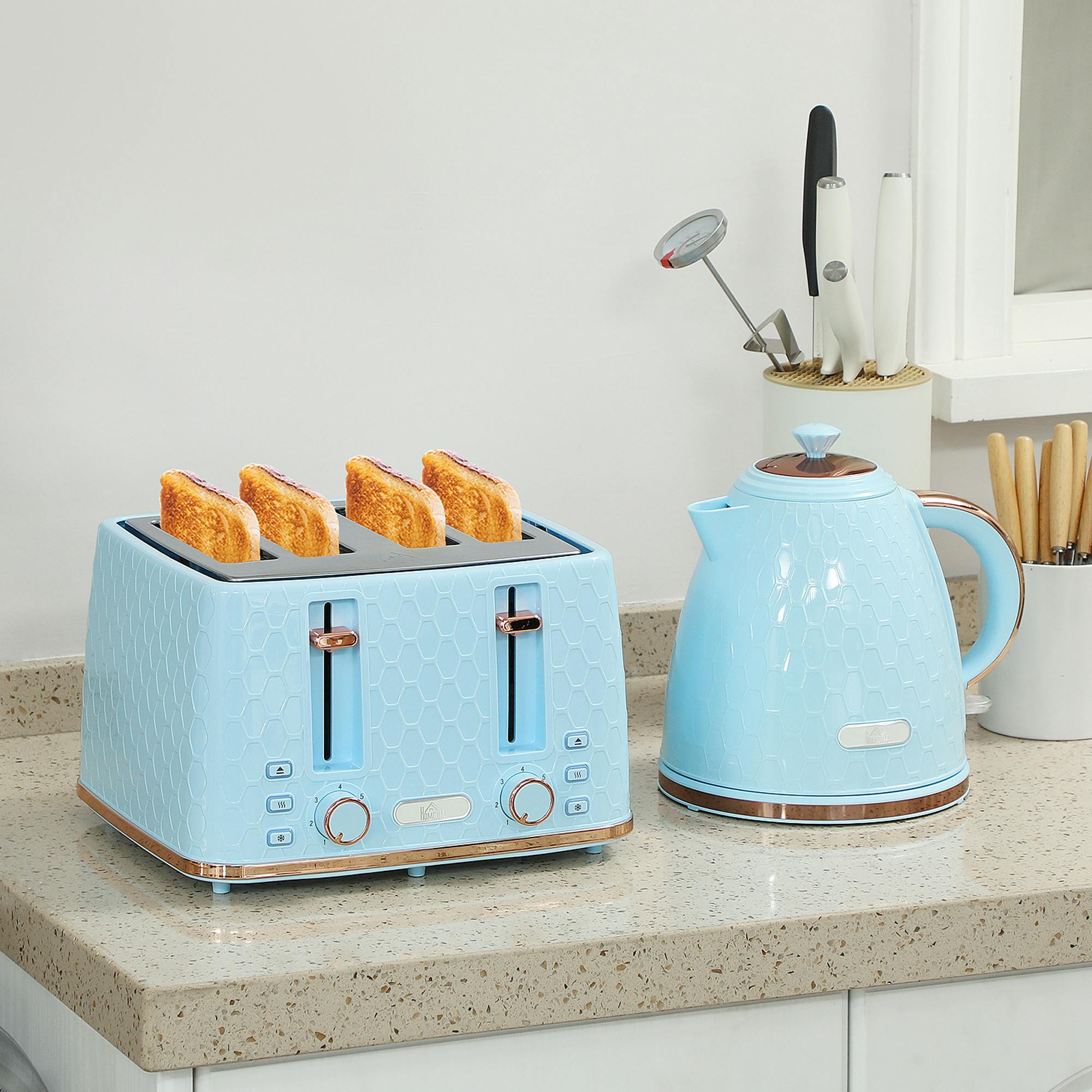 Homcom Unisex Light Blue Toaster And Kettle Set With Defrost Reheat And Crumb Tray, 1.7 L In - Image 4