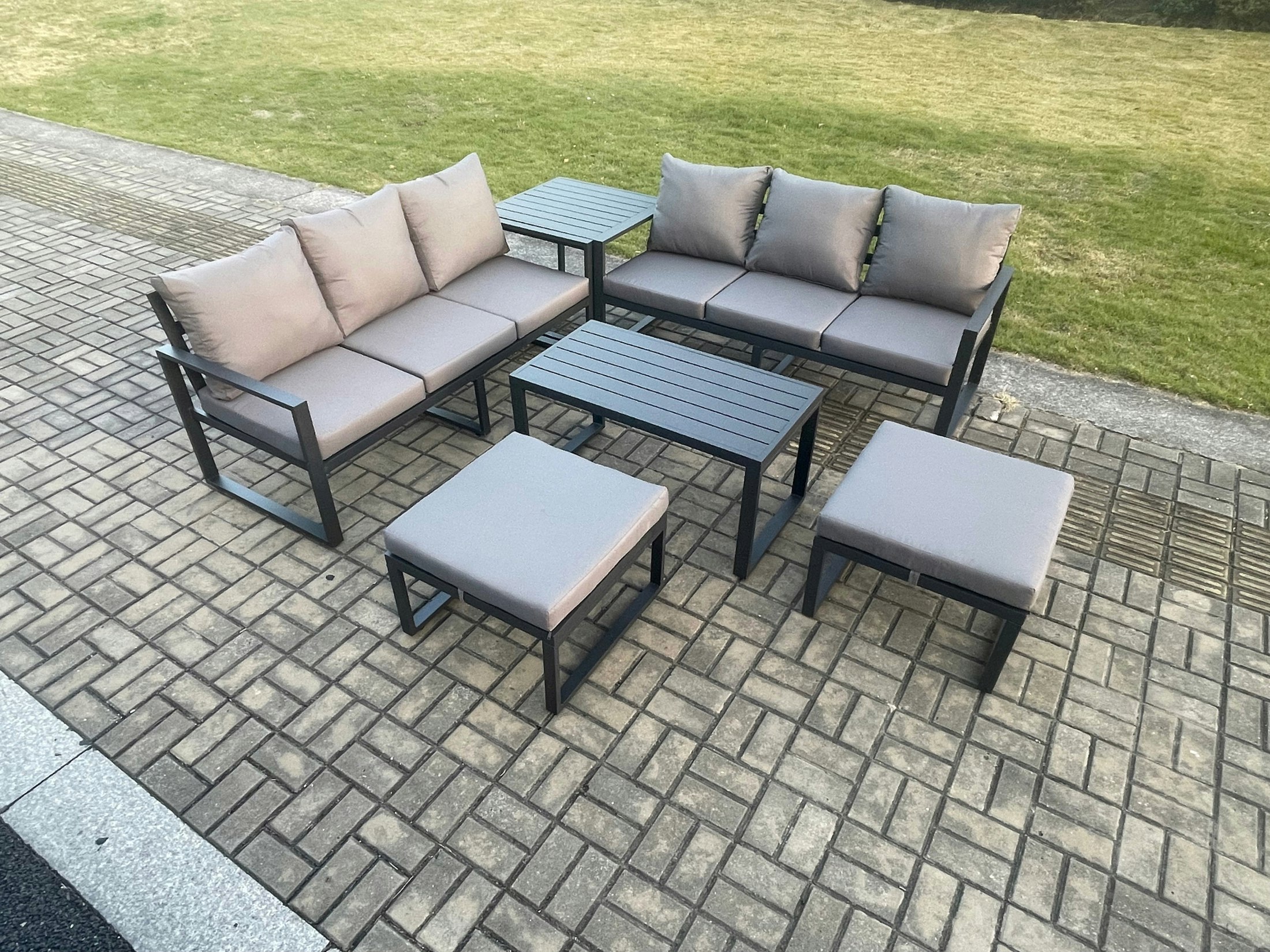 Fimous Dark/Grey Aluminium Patio Outdoor Garden Furniture Lounge Sofa Set With Oblong Coffee Table 2 Big Footstools Side Table