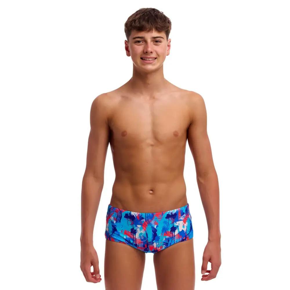 Funky Trunks Boys Blue/Red Messy Messy Messy Sidewinder Swim Trunks - Waist Size 26