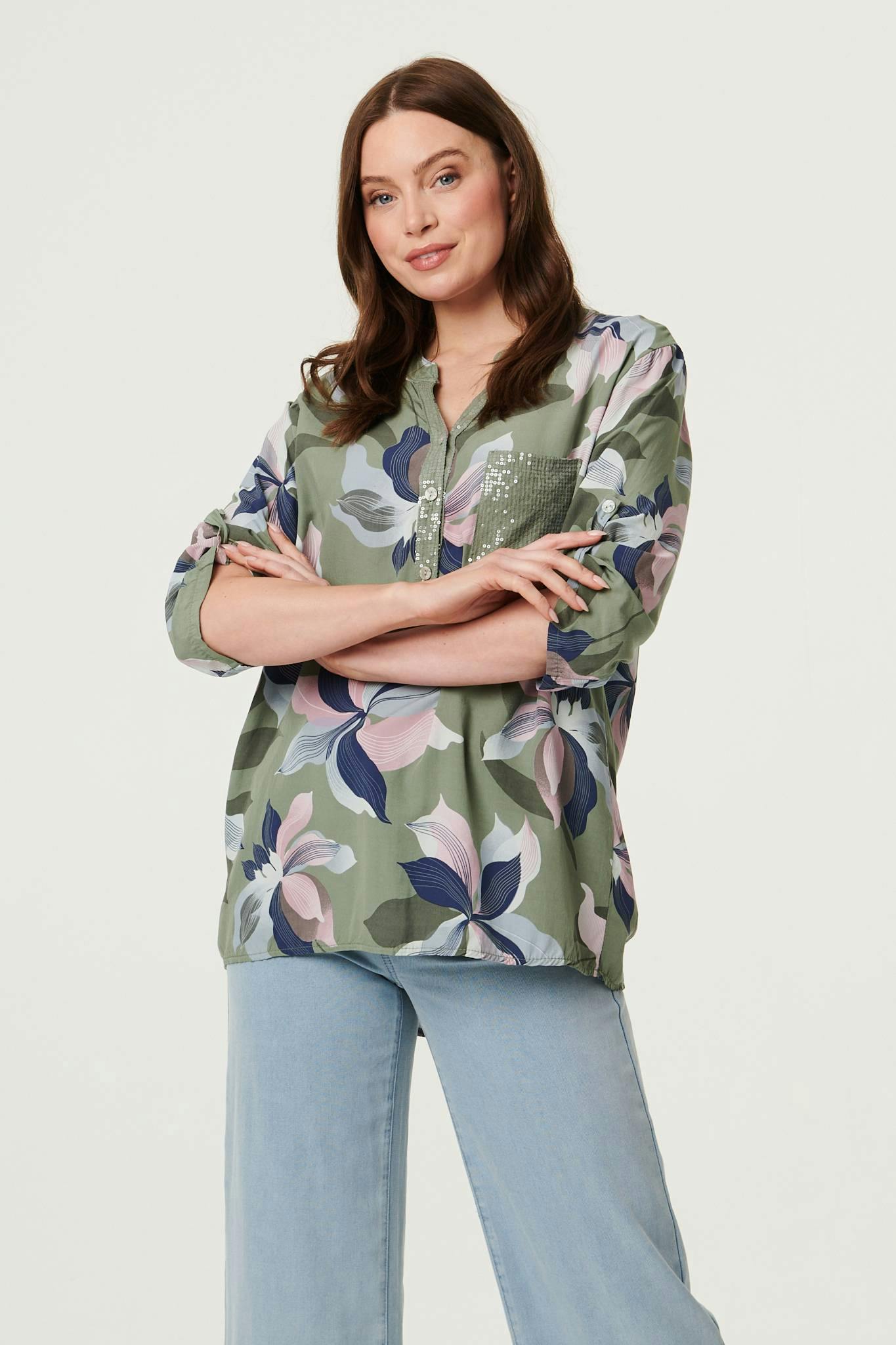 Izabel London Sequin Trim Floral Relaxed Blouse - 10 - Sage
