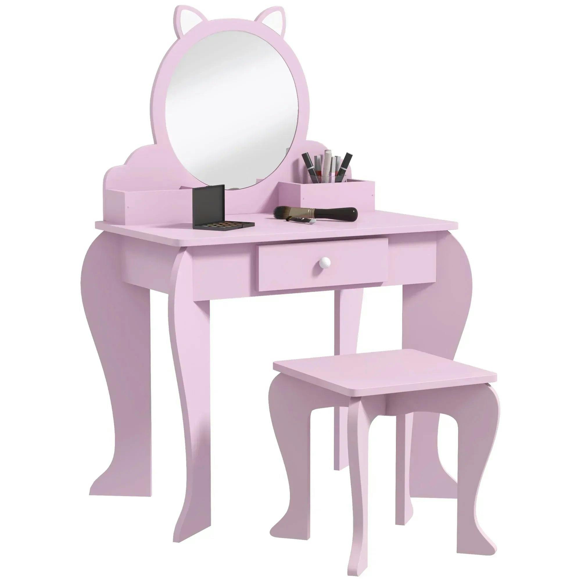 Rackhams Pink Zonekiz Kids Vanity Table With Mirror, Stool, Drawer, Storage Boxes, Cat Design, For Ages 3-6 Years - Image 5
