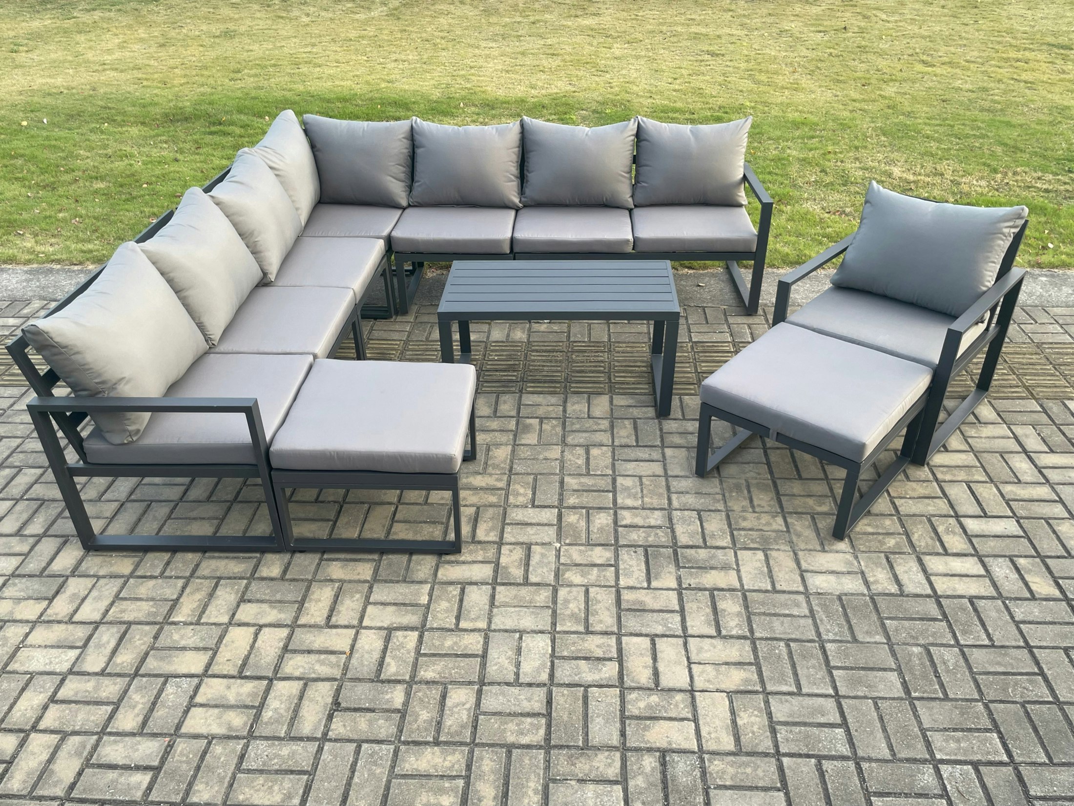 Rackhams Dark/Grey Aluminium Outdoor Garden Furniture Set Lounge Corner Sofa Chair Oblong Coffee Table Sets With 2 Big Footstools