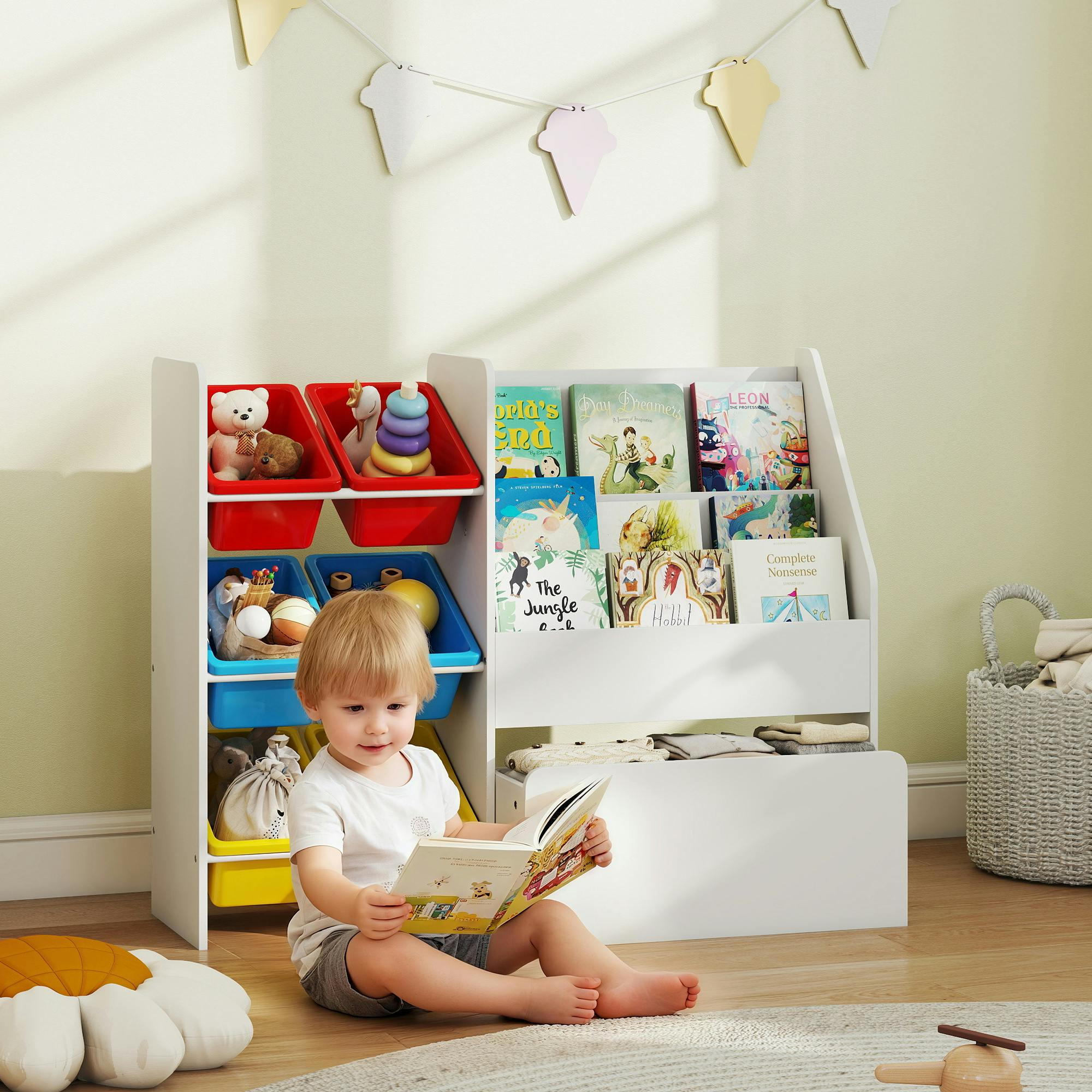 Rackhams Toy Storage Unit, Childrens Bookcase With 6 Bins, Multicoloured
