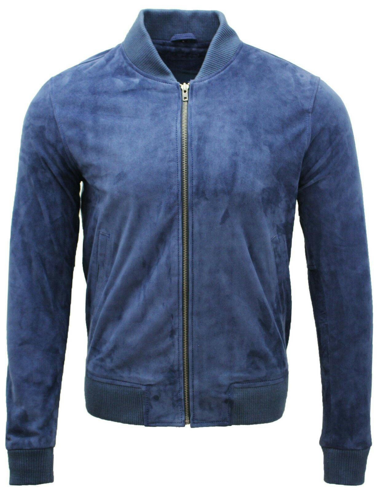 Infinity Leather Men's Blue Varsity Soft Suede Leather Bomber Jacket - Uk 3XL | Eu 56 | Us 46