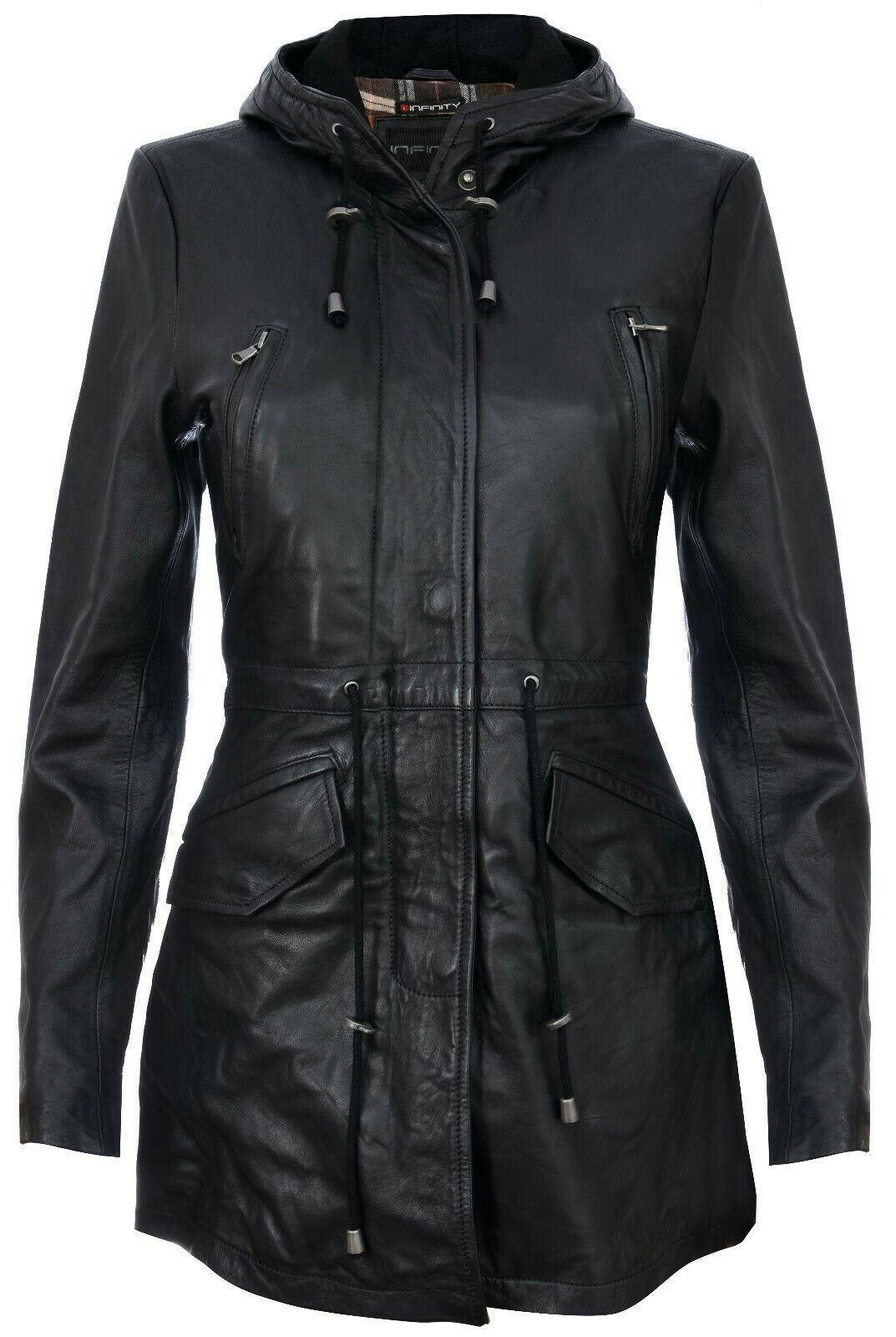 Infinity Leather Women's Black Mid Length Hooded Parka Jacket-Oakengates - Uk 4XL/22 | Eu 48 | Us 18