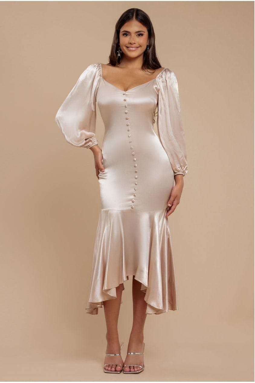 Goddiva Satin Viscose Front Buttoned Dipped Hem Midaxi Dress - Champagne By - Champagne - 14
