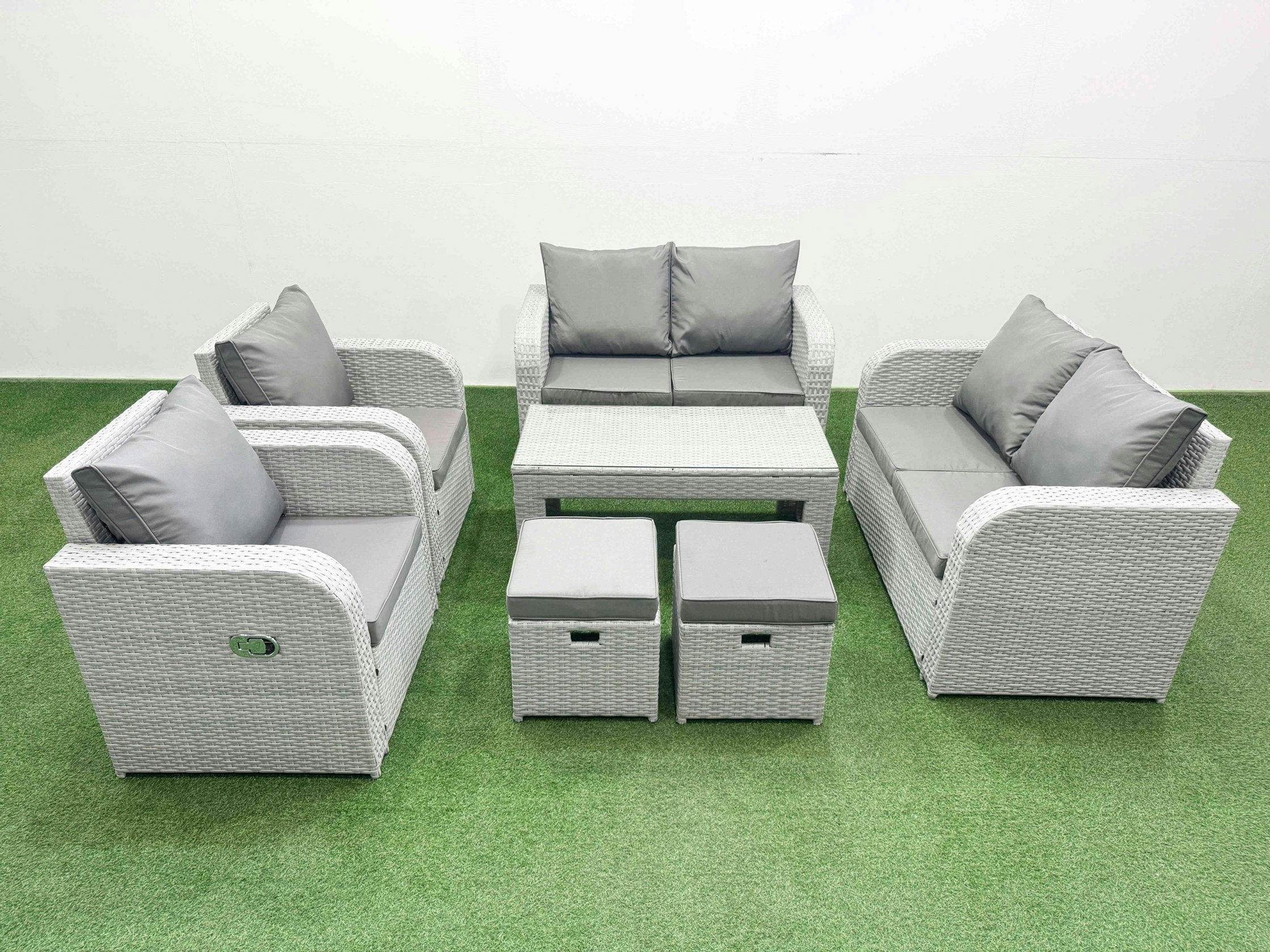Fimous Light/Grey 8 Seater Outdoor Reclining Chair Love Sofa Set Rattan Garden Furniture Set With Oblong Coffee Table 2 Stools