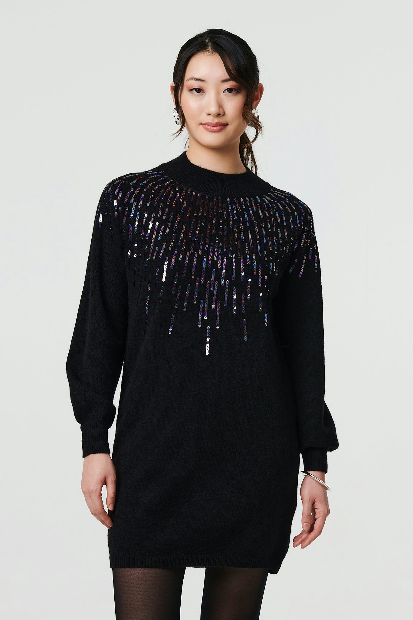 Izabel London Black Sequin Stripe Long Sleeve Knit Mini Dress - S/M