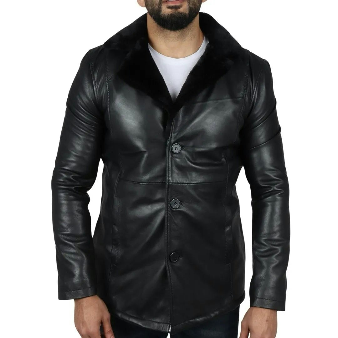 Infinity Leather Men's Black Leather Company Real Leather Fur Lining Coat - 4XL