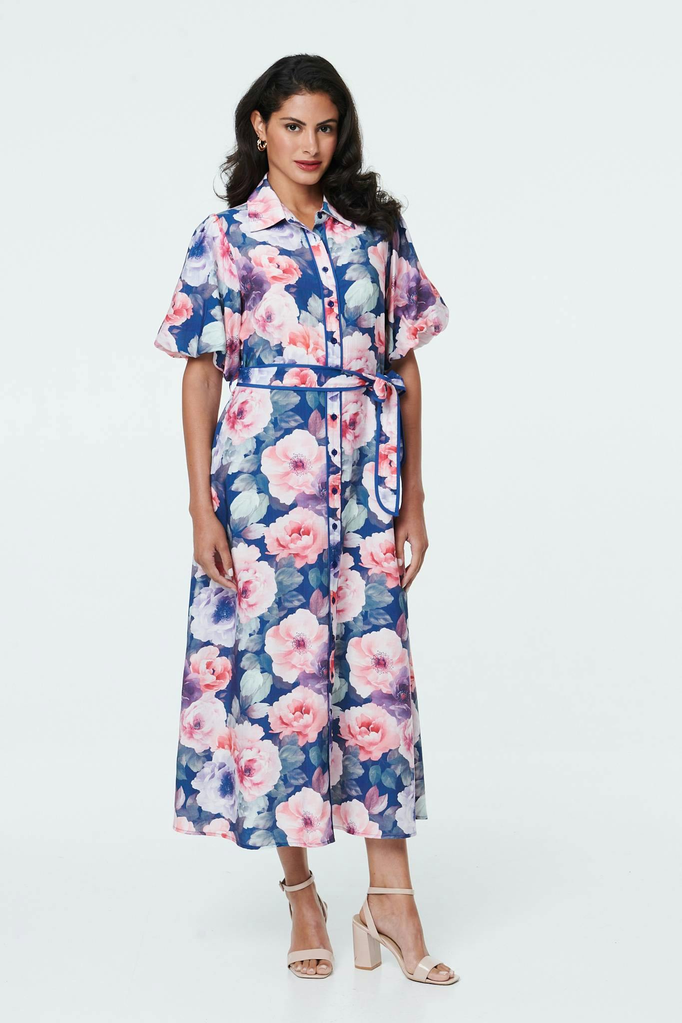 Izabel London Floral 1/2 Puff Sleeve Tie Midi Dress - 16 - Navy