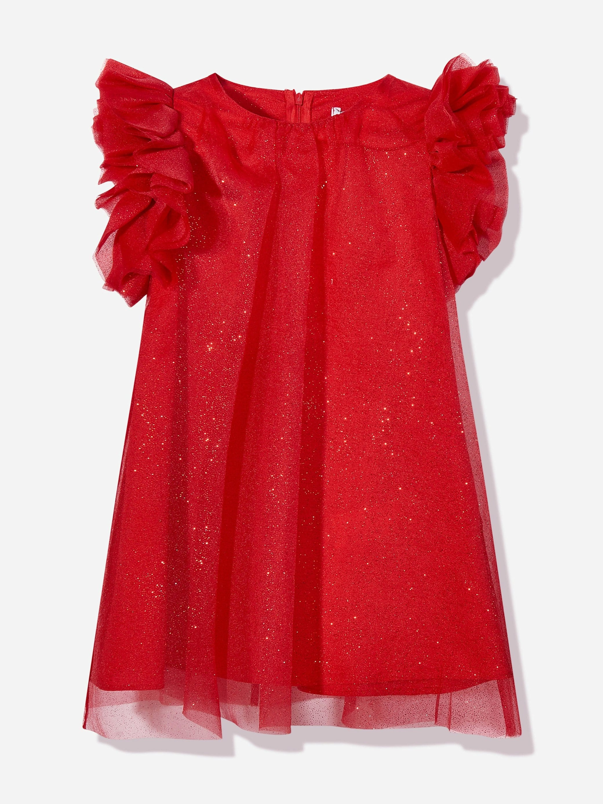 Mama Luma Girls Red Puffy Sleeves Tulle Dress In - 7 - 8 Yrs